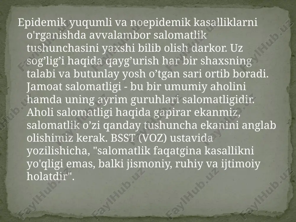 ari; - atrof-muhit holati (kimyoviy, fizikaviy va biologik moddalar bilan ifloslanishi); - ijtimoiy-iqtisodiy, siyosiy omillar; - sog'liqni saqlash tizimi faoliyati, kadrlar bilan ta'minlanganlik, tibbiy ilm darajasi va boshqalar. 10 tasnifga ko'ra barcha kasalliklar quyidagi sinflarga ajratilgan. 1 - ayrim yuqumli va parazitar kasalliklar 2 – o’smalar 3 - qon, qon hosil qiluvchi organlar kasalliklari. 4 - endokrinologik kasalliklar, moddalar almashinuvi buzilishi kasalliklari 5 - ruhiy kasalliklar 6 - asab tizimi kasalliklari 7 – ko’z kasalliklari 8 - quloq kasalliklari 9 - qon aylanish tizimi kasalliklari 10 - nafas olish tizimi kasalliklari 11 - ovqat hazm qilish tizimi kasalliklari 12 - teri va teri osti kletchatkasi kasalliklari 13 - suyak - mushak tizimi kasalliklari. 14 - siydik va tanosil tizimi kasalliklari muhim noepidemik kasalliklar muhim noepidemik kasalliklarning ayrimlari maxsus ro’yxatga olinadi. bularga tuberkulez, venerik kasalliklar, ruhiy kasalliklar, mikozlar, traxoma va boshqalar kiradi. bunday kasalliklar aniqlanganda "muhim noepidemik kasalliklar haqida xabarnoma" 089/u …