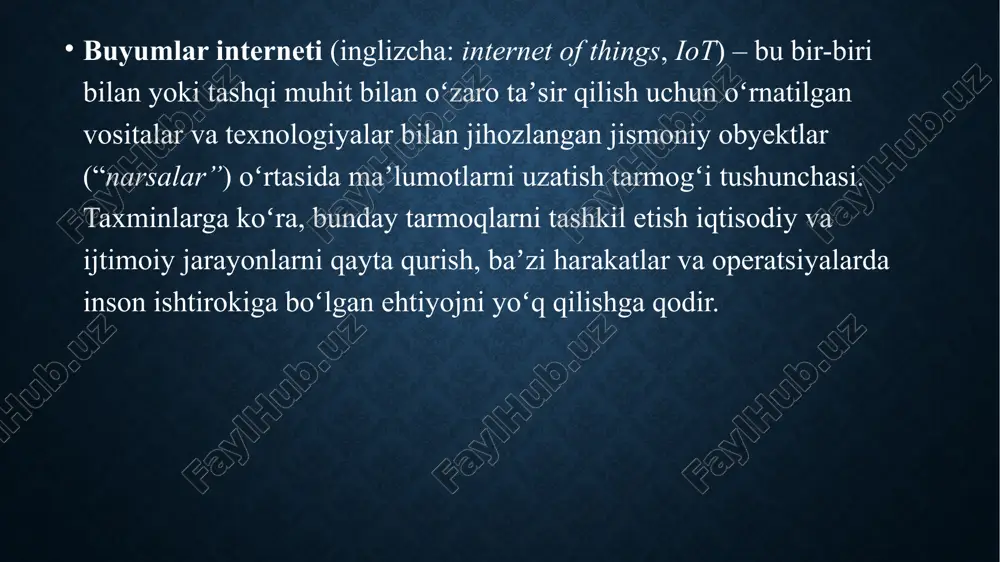 inaga oʻzaro taʼsir qilish tizimlarini qurish mumkin. 1.arduino mini 2.arduino uno 3.arduino mega isteʼmolchi ilovalari iot qurilmalari soni ortib bormoqda, jumladan, ulangan transport vositalari, uy avtomatizatsiyasi, aqlli kiyim-kechak, ulangan sogʻliqni saqlash va masofadan nazorat qilish imkoniyatiga ega jihozlar. aqlli uy iot qurilmalari uyni avtomatlashtirishning keng konsepsiyasining bir qismi boʻlib, yoritish, isitish va konditsioner, media tizimlari va xavfsizlik tizimlari va video kuzatuv tizimlarini oʻz ichiga olishi mumkin. uzoq muddatli imtiyozlar yorugʻlik va elektronikani avtomatik ravishda oʻchirish yoki uy aholisini foydalanish toʻgʻrisida xabardor qilish orqali energiya tejashni oʻz ichiga olishi mumkin. aqlli uy yoki avtomatlashtirilgan uy aqlli qurilmalar va jihozlarni boshqaradigan platforma yoki markazlarga asoslangan boʻlishi mumkin. masalan, apple homekitʼdan foydalanib, ishlab chiqaruvchilar iphone va apple watch kabi ios qurilmalaridagi ilova yordamida uy mahsulotlari va aksessuarlarini boshqarishi mumkin. bu maxsus dastur yoki siri kabi mahalliy ios ilovalari boʻlishi mumkin. buni lenovo smart home essentials misolida koʻrsatish mumkin. shuningdek, amazon echo, google home, …