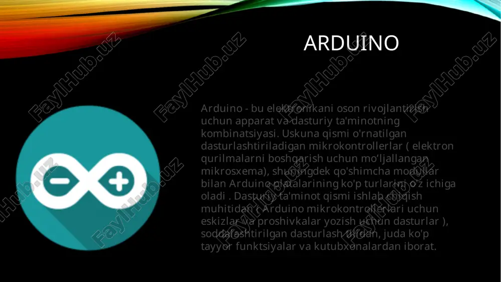qa apparati va boshqalar kabi periferik qurilmalarni o'z ichiga olgan bitta icda amalga oshiriladigan kichik kompyuter. atmega328 arduinoning "miyasi" arduino platformasi atmel atmega328 mikrokontrolleri 14 raqamli i/o pinlari 6 ta analog i/o pinlari 32 kb (-2 kb) flash xotira 2 kb operativ xotira 1 kb eeprom 16 mgts chastotasi ftdi usb chipi raqamli pinlar analog pinlar usb uyasi mikrokontroller quvvat uyasi voltaj regulyatori pwr/gnd pinlari icsp sarlavhasi qayta tiklash tugmasi quvvat led pin 13 led rx + tx ledlar mikrokontrollerlar qayerda ishlatiladi? hamma joyda! avtomobil telefon tish cho'tkasi mikroto'lqinli pech nusxa ko'chirish mashinasi televizion kompyuter klaviaturasi texnika arduino nima uchun ishlatiladi? arduino talabalar va maktab o'quvchilariga elektrotexnika, dasturlash, radioelektronika, avtomatlashtirish tizimlarini o'rgatish uchun yaratilgan . mikrokontrollerlar yordamida siz nafaqat o'quv loyihalarini, balki haqiqatan ham foydali qurilmalarni yaratishingiz mumkin. arduino avtomatlashtirish loyihalarini, aqlli uy qurilmalarini, ko'chma ob-havo stantsiyalarini va yaratish uchun ishlatiladi. arduinoda nimalar qilish mumkin? arduino asosida siz mustaqil va …