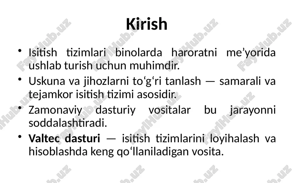 ing o‘rtacha qiymati: 1 seksiya ≈ 150 w radiatorlar soni xonaning hajmi va harorat farqiga qarab kerakli issiqlik quvvatini (q) berish qiymatiga qarab chiqaradi radiator seksiya sonini aniqlash ma’lumotlarni kiritish polli suvli isitish tizimlarini hisoblashda bajariladigan ishlar 1. qatlamning turlarini tanlash; 2. quvurlar ustidagi qavat qatlamlarining materiallarini va qalinligini tanlash (quvurdan boshlab); 3. quvurlar tagidagi qatlamlarning materiallarini va qalinligini tanlash (quvurdan boshlab); 4. xonaning nomini yoki raqamini ko‘rsatish. 5. hisoblangan xonada havo haroratini belgilash; 6. barcha xonada havo haroratini ko‘rsatish. 7. asosiy zonadagi polli isitish tizimi quvurlarini qabul qilish; 8. polli isitish zonasi qurilmasi uchun quvur shlangining turini tanlash; 9. pol qismi tomonidan hosil qilingan maydonini ko‘rsatish. 10. chetki maydon miqdorini ko’rsatish hisoblash dasturida polli va devorli isitishda issiqlik ta’minoti hisobini bajarish ketma ketligi. ruxsat etiladigan zamin sirt harorati issiqligi jadvali. № mintaqaning nomi ruxsat etilgan harorat, oc 1 odamlar doimiy qolishlari 26 (o‘rtacha) 2 nam xonalarda bo‘lgani kabi, 31 …