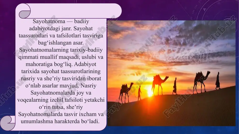ondan isfaraga isfara sayohatidan muqimiyning ushbu asari muallifning safar hisoboti yoki tor shaxsiy kechinmalari majmuasigina bo'lib qolmagan, aksincha, u o'sha mustamlaka tuzumi va ijtimoiy hayotning qator muhim muammolarini tanqidiy nazar bilan tahlil etuvchi badiiy asardir. e’tiboringiz uchun rahmat! image2.png image3.png image4.jpeg image5.jpeg media1.mp4 image6.png /docprops/thumbnail.jpeg