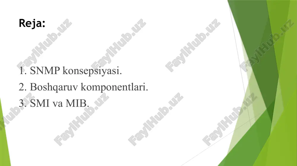 rmoq orqali ma'lumotlarni uzatish uchun kodlashni usulini ko'rsatish. smi snmp uchun qo'llanma. u ob'ektni boshqaradigan uchta atributga tayanadi: nom, ma'lumotlar turi va kodlash usuli. 5-rasm. ob'ekt identifikatori. mib. management information base, 2-versiya (mib2) tarmoq boshqaruvida ishlatiladigan ikkinchi komponent. har bir agent menejerining boshqarishi mumkin bo'lgan barcha ob’yektlar to'plamini o’z ichiga oluvchi mibning 2-versiyasiga ega. mib2-dagi ob'ektlar 10 ta guruhga bo'linadi: tizim, interfeys, manzillarni o’zgartirish, ip, icmp, tcp, udp, egp, transmissiya va snmp. ularning barchasi mib-2 ni tashkil etadi. 6-rasm. mib-2 arxitekturasi. e’tiboringiz uchun rahmat! image1.png image2.png image3.png image4.png image5.png image6.png /docprops/thumbnail.jpeg