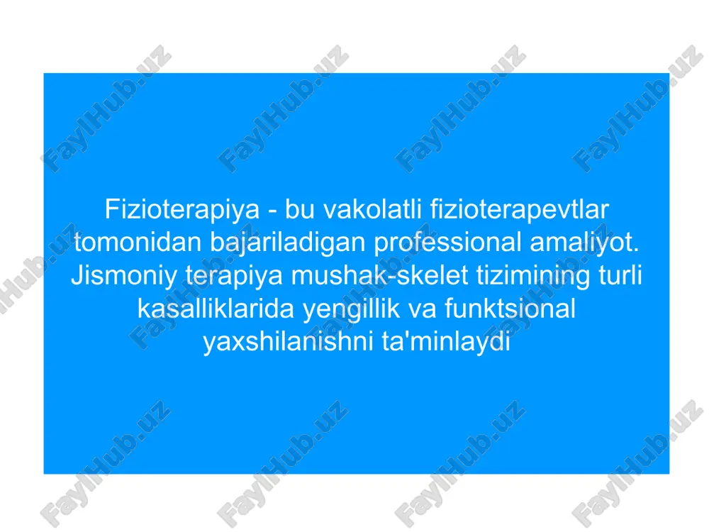 siz uchun moslashtirilgan jismoniy mashqlar dasturini tuzish uchun foydali bo'lishi mumkin - bu profilaktika va funktsiyalarni rivojlantirish uchun click here to add your title click here to add your title. click here to add your title. title 1 1 umumiy fizioterapiya mutaxassisi 2 manuel davolash (qo'l terapiyasi mutaxassisi) 3 bolalar fizioterapiyasi (bolalar fizioterapiyasi bo'yicha mutaxassis) 4 nevrologik fizioterapiya (nevrologik fizioterapiya mutaxassisi) 5 sport fizioterapiyasi (sport fizioterapiyasi mutaxassisi) 6 ortopedik fizioterapiya (ortopedik fizioterapiya mutaxassisi) 7 geriatrik fizioterapiya (geriatrik fizioterapiya mutaxassisi) 8 psixiatrik va psixomotor fizioterapiya (psixiatrik va psixosomatik fizioterapiya mutaxassisi) 9 onkologik fizioterapiya (onkologik fizioterapiya mutaxassisi) 10 revmatologik fizioterapiya (romatologik fizioterapiya mutaxassisi) 11 yurak-qon tomir fizioterapiyasi (yurak-nafas olish fizioterapiyasi mutaxassisi) 12 akusherlik va ginekologik fizioterapiya (akusherlik va ginekologik fizioterapiya mutaxassisi) click here to add your title click here to add your title. click here to add your title. title 1 umumiy mashqlar, maxsus mashqlar, cho'zish va faollik tavsiya etiladi, ammo og'riq …