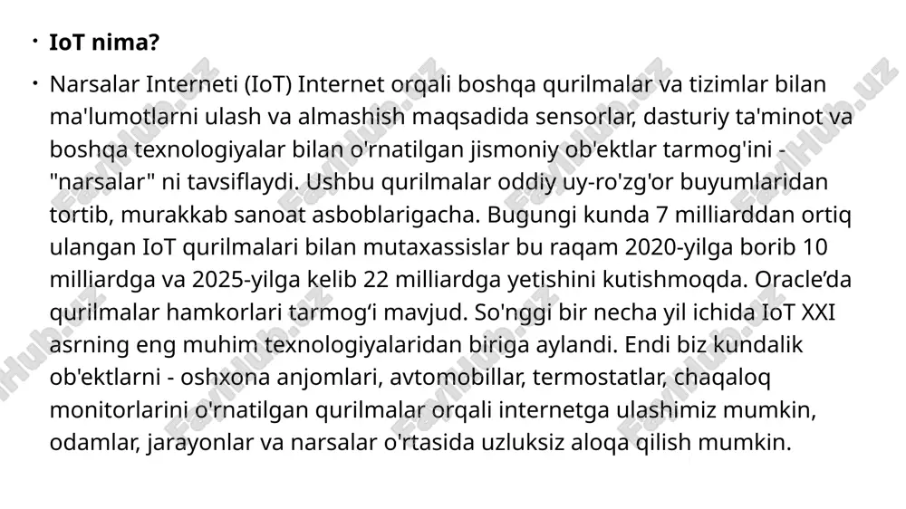 logiyalarni oziqlantiradi. aqlli uylar qanday ishlaydi ? aqlli uy qurilmalari bir-biriga ulangan va ularga bitta markaziy nuqta - smartfon, planshet, noutbuk yoki o'yin konsoli orqali kirish mumkin. eshik qulflari, televizorlar, termostatlar, uy monitorlari, kameralar, chiroqlar va hatto muzlatgich kabi jihozlar bitta uy avtomatizatsiya tizimi orqali boshqarilishi mumkin. tizim mobil yoki boshqa tarmoqqa ulangan qurilmaga o'rnatiladi va foydalanuvchi muayyan o'zgarishlar kuchga kirishi uchun vaqt jadvallarini yaratishi mumkin. aqlli uy jihozlari o'z-o'zini o'rganish qobiliyatiga ega bo'lib, ular uy egasining jadvallarini o'rganishlari va kerak bo'lganda tuzatishlar kiritishlari mumkin. yoritishni boshqarish bilan jihozlangan aqlli uylar uy egalariga elektr energiyasidan foydalanishni kamaytirish va energiya bilan bog'liq xarajatlarni tejash imkonini beradi. ba'zi uy avtomatizatsiya tizimlari uy egasi tashqarida bo'lganida uyda biron bir harakat aniqlansa, ogohlantiradi, boshqalari esa favqulodda vaziyatlarda politsiya yoki o't o'chirish bo'limiga qo'ng'iroq qilishlari mumkin. aqlli uyning afzalliklari nimada? aqlli uylar haroratni sozlash, chiroqlarni yoqish va o‘chirish, oynalarni ochish va yopish, sug‘orishni ob-havoga qarab …