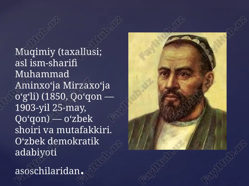 oʻziga ustoz bildi. oʻzbek, fors mumtoz shoirlari anʼanalarini davom ettirdi. oʻzbek adabiyotida demokratik yoʻnalishning vujudga kelishi va shakllanishi muqimiy nomi bilan bogʻliq. u boshliq furqat, zavqiy, avaz, komil kabi ilgʻor fikrli shoirlar oʻzbek adabiyoti tarixida yangi sahifa ochdilar. muqimiy lirikasi chuqur optimizm bilan sugʻorilgan, hayotiylik ushbu lirikaning asosiy va yetakchi xususiyatlaridan. muqimiy real muhabbatni, insonni kuylagan. sheʼrlarining tub mohiyatini inson kechinmalari, sevinch va alamlari, istak va armonlari, kurashlari tashkil etgan. ularda doʻstlik, sadoqat, samimiyat vafodorlik, sabot va matonat ulugʻlangan va bular orqali shoir kishilarda yaxshi xususiyatlarni tarbiyalashga intilgan. adolatli va baxtli zamonni orzu qilgan, shunday kunlar kelishiga ishongan („kelur oxir seni ham yoʻqlagʻudek bir zamon yaxshi“ va boshqalar). hasrat, shikoyat, norozilik motivlari mavjud boʻlgan sheʼrlarida ham kelajakka ishonch, farovon hayot haqidagi orzu-ideallari aks etgan. muqimiy lirik shoir. muqimiy dunyoqarashi va intilishlari bilan muhit oʻrtasidagi ziddiyat uning ijodida tanqidiy yoʻnalishni maydonga keltirgan. bu uning xajviyotida koʻproq aks etgan. hajviyoti mazmunan satira …