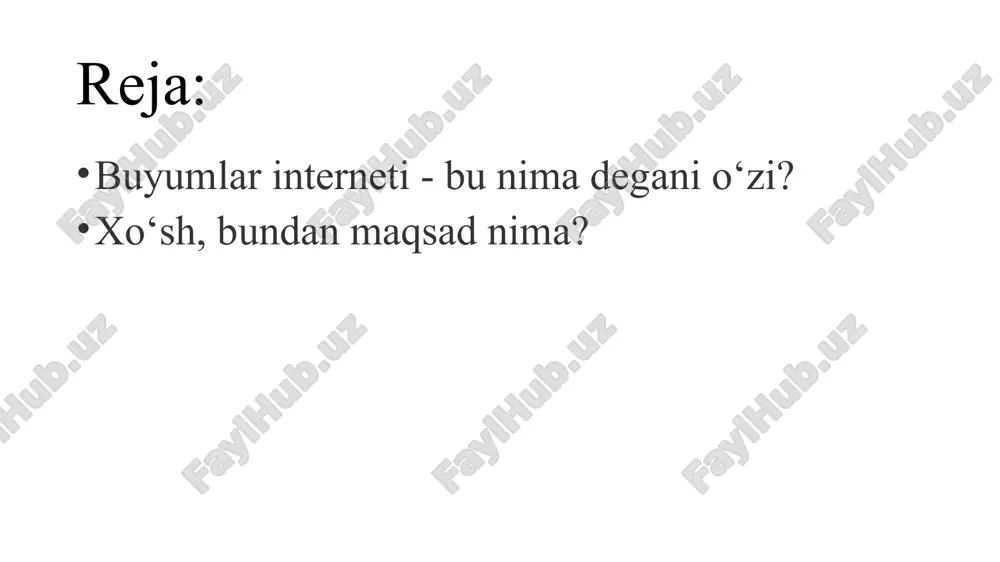 oydalanishga undaydigan ikki xil omil mavjud. birinchisi va eng dastlab namoyon bo‘lgani bu - erinchoqlikdir. o‘sha romki ham tosterni o‘rnidan turmay, yotgan joyida ishga tushirib, tayyor nonushtaga chiqishni maqsad qilgan bo‘lsa kerak. tasavvur qiling, siz oshxona buyumlaringizni internetga ulaysiz va kun tartibingizdan kelib chiqib, ularga qandaydir ssenariylar yuklab qo‘yasiz. ular esa, internet orqali o‘zaro muloqot qilib, sizga masalan, ertalabki soat 6:00 ga avvaldan choy qaynatib turadi, deraza pardalarini ko‘taradi, xonani shamollatib, televizorni kerakli kanalga qo‘yib yoqib qo‘yadi. zo‘r-a? to‘g‘rimi? bu - buyumlar internetining birinchi muddaosi. ikkinchi jihat esa ancha jiddiy va u xavfsizlik masalalari bilan bog‘liq. tayinki, ayniqsa ayollar ko‘p bora allaqachon uydan chiqib bo‘lib, keyin miyasiga «lop» etib uradigan «dazmolni o‘chirmay chiqqan bo‘lsam-a» - degan holatga tushishgan. ba'zilar esa, uyda suv toshitib yuborib, pastki qavatdagi qo‘shnilarni ham qiynab qo‘ygan holatlar bo‘lgan. buyumlarni internetga ulash bunday salbiy holatlarni oldini olishga va kishiga xotirjamlik bag‘ishlashga ham xizmat qiladi. o‘sha dazmolni basharti …