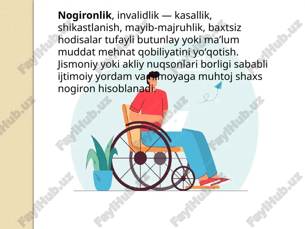 patologik holatlar farqlanadi: 2a - nogironlik 2-5 yil muddatga belgilanadi, qayta ko'rik 2-5 yilda o'tkaziladi. 2b - nogironlik 5 yilgacha belgilanadi, qayta ko'rik 5 yildan kam bo'lmagan muddatda o'tkaziladi. ▪ 3 qismga - bolalar organ va a'zolarning funktsiyalarini qaytmas buzilishlariga, bolalarning ijtimoiy dezadaptatsiyasi va hayot faoliyatining og'ir darajadagi chegaralanishlarga sabab bo'luvchi patologik holatlar bo'yicha tibbiy xulosalar bir marta 16 yoshgacha o'rnatiladi. davlat tibbiy - ijtimoiy ekspertiza xizmatiga quyidagi vazifalar yuklatilgan: • nogironlik guruhini, uning sababini, muddatini, nogironlik boshlangan vaqtini, turli ijtimoiy himoya turlariga nogironning ehtiyojini aniqlash • nogironlarni individual reabilitatsiya qilish dasturini ishlab chiqish • aholi orasida nogironlik tarqalganlik darajasi va sabablarini aniqlash • nogironlarni tibbiy - ijtimoiy reabilitatsiya, ijtimoiy himoyalash, nogironlikning oldini olish bo'yicha kompleks profilaktik dastur ishlab chiqish • mehnatda shikastlangan yoki kasbiy kasallikka chalingan shaxslarning mehnatga yaroqsizlik darajasini aniqlash bmt ekspertlari, jsst ma'lumotlariga asosan er yuzining 10 % dan ortiq aholisi sog'lig'i tufayli chegaralangan imkoniyatlarga ega, shundan …