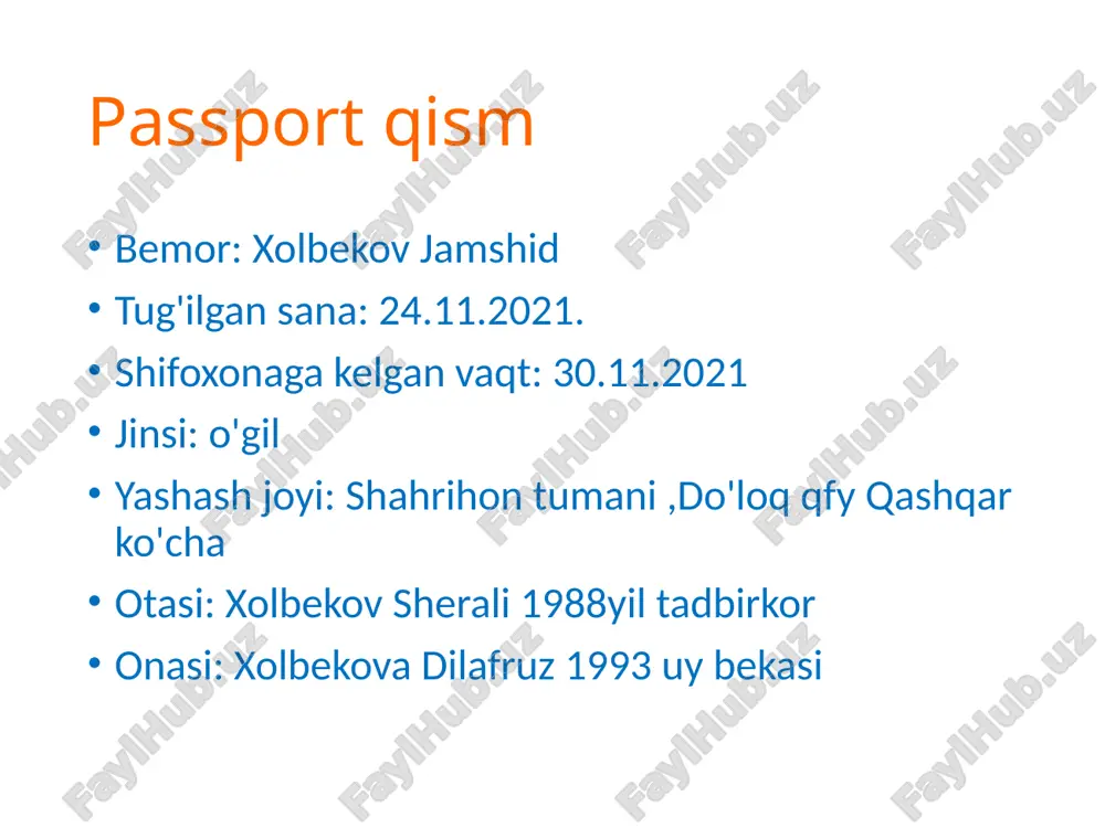moddiy va ijtimoiy holati orta xol oilada 4 kishi. status preasens: chaqaloq umumiy ahvoli: o'ta og'ir, xushi o'zida xarakati: passiv vazni:900g bo'yi:41sm bosh aylanasi 27sm. ko'krak aylanasi 25sm bosh suyuklari: braxisefalik shaklda. qo'l bilan palpatsiya qilganda :yumshoq. katta liqildoq o'lchami 3-3.5sm. sagital choklar ochiq. pulsatsiya yo'q. bosim yo'q. mushak tonusi:sust , teri osti yog qavati rivojlanmagan oyoq va qo'llarda aktiv harakat :yoq fiziologik reflekslar-giporefleksiya so'rish - yutish- babkin- moro - ximoya - babinskiy+ tik turish-manfiy. bolani qo'ltig'idan tutib tik turgizganimizda xarakat yo'q. qadam tashlash- manfiy bolani boshini biroz bukkanimizda qadam tashlashga harakat qilishi kerak edi lekin harakat yoq yig'isi- sust eshitildi. ko'zlari: yiringli ajralmalar va shishlar yo'q. teri rangi: kokimtir sianotik sianotik- ogiz uchburchagida teri osti yog' qavati: rivojlanmagan shish va toshma yo'q. nafas olish tizimi nafas olish :burun og'iz orqali yuzaki nafas olish , soni 65ta.(30-60ta chaqaloqlarda) nafas olishda qo'shimcha muskullar qatnashyapti. kokrak qafasi bilan qorni nafas aktida asinxron. …