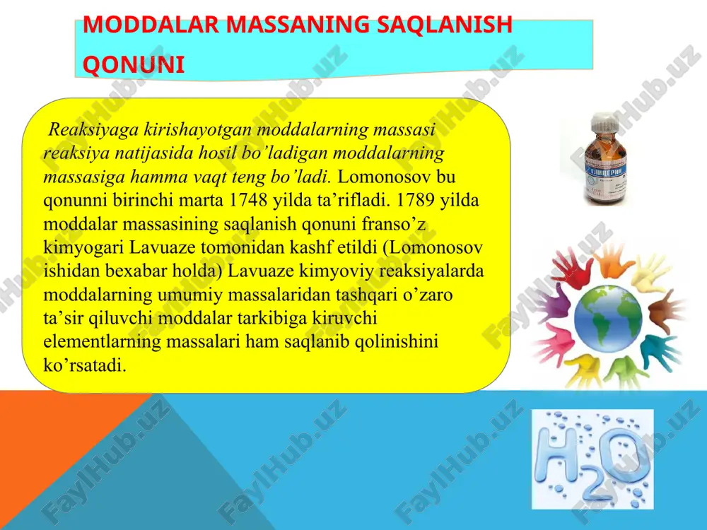 onunga bo’ysunmadi. tarkibning doimiylik qonuni. ingliz olimi j.dalton 1804 yilda moddaning tuzilishi haqidagi atomistik tasavvurlarga asoslanib, karrali nisbatlar qonuni ta’rifladi: agar ikki element o’zaro birikib bir necha kimyoviy birikma hosil qilsa, elementlardan birining shu birikmalardagi ikkinchi elementning bir xil massa miqdoriga to’g’ri keladigan massa miqdorlari o’zaro kichiq butun sonlar nisbatida bo’ladi. karrali nisbatlar qonuni. italyan fizigi avogadro (1776-1856) moddaning eng kichiq zarrachalari molekulalar, elementlarning eng kichiq zarrachalari esa atomlar degan fikrni aytdi. uning ta’limotiga ko’ra oddiy moddalarning molekulalari bir element atomlaridan, murakkab moddaning molekulalari turli elementlarning atomlaridan tuziladi. avogadro o’z ko’zatish va tajribalariga asoslanib qonunni yaratdi. bir xil haroratda va bir xil bosimda olingan teng hajmdagi har qanday gazlarning molekulalari soni teng bo’ladi. avogadro qonunidan uchta xulosa kelib chiqadi: oddiy gazlarning kislorod, vodorod, azot, xlor molekulalari ikki atomdan iborat. normal sharoitda bir mol miqdordagi gaz 22,4 l hajmni egallaydi va n. sh da, ya’ni normal atmosfera bosimi (101,325 k pa …
