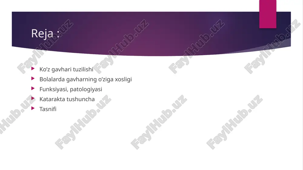 i cheti bilan zichlashib suyuqlikni orqa kameradan oldingi kamerga haydalishi buzilib asorat sifatida 2 lamchi fakomorfik glaukomani yuzaga keltirishi mumkin. yetilgan katarakta: bu bosqichda gavhar suvni yo’qota boshlaydi. gavhar degidratatsiyasi ( oldingi kamera chuqurlashadi). gavhar moddalari butunlay hiralashadi. ko’rish o’tkirligi – 1/ cheksizlik pr.lucis certa (yorug’lik tushgan tomonni aniqlaydi) o’ta pishgan katarakta gavharning qayta suvlanishi gavhar oqsillari destruksiyalanadi, tolalari cho’kadi, gavhar suyuq bo’lib oladi va qaymoq rang tusni oladi. (molochnaya katarakta davri) erigan gavhar massasi gavhar kapsulasidan tashqariga chiqadi va so’riladi. orqa kameradan oldinga o’tadi, trabekula orqali otadi. shu yerda antigen atntitela reaksiyasi rivojlanadi. bu esa trabekulyar tirqish va tolalarni shishini keltirib chiqaradi. trabekulyar tirqishni qisqarishini qiyinlashuvi, ko’z ichi suyuqligi ottokini qiyinlashuviga olib keladi asorati : fakolitik glaucoma agar bu holatlar bo’lmasa ottok buzilmasa, gavharda faqat yadro qolib bemor ko’zida quyosh botganini ko’rishimiz mumkin (katarakta morganieva) molochnaya katarakta morganieva katarakta asoratlangan katarakta uveal yuqori asoratlangan miopiya glaukomali ko’zda uveapatiyalarda umumiy …