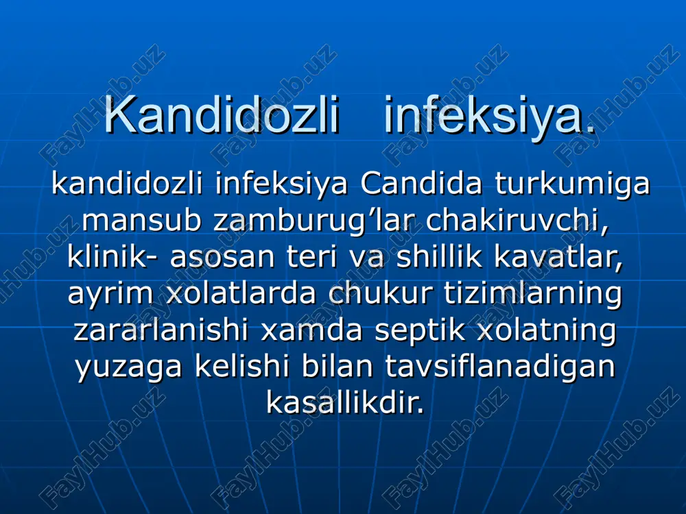 li stomatit surunkali tus olishi mumkin. bunda parda milk atroflari, lunj shillik kavatlari va tilga tarkalishi mumkin. kandidozli glossit- bu til shillik kavatining utkir va surunkali zararlanishidir tilda zamburug koplamlaridan tashkari surgichlardan mustasno kismlarni kurish mumkin. tilning shishi, uchokli giperemiya, tildagi eriklar kasallik uchun xarakterlidir. bemorlar tilning kaynok va utkir ovkatlarga sezgirligi yukoriligiga, kurukligi va achishishlarga shikoyat kilishadi. chakaloklarda surishning kiyinlashuvi tufayli umumiy ovkatlanish buzilishi mumkin. kandidozli anginada bodomcha bezlarda shpatel bilan oson kuchadigan, opok orolchali eki butunlay egallaydigan koplamlar aniklanadi. bodomcha bezlar tukimasi kam uzgargan, xalkumning shillik kavatlari kizarmagan, maxalliy limfa tugunlari kattalashmagan. bolaning umumiy axvoli deyarli uzgarmaydi, xarorati me'erda buladi. xalkum saklanmasi surtmalarida zamburug xujayralari topiladi. kandidozli vulvovaginit uchun opok rangli ajratma ajralishi xarakterli. jinsiy a'zolarning kizargan shillik kavatlarida ok eki kulrang rangli koplamalar, ba'zan erroziyalar kayd kilinadi. bemorlar tashki jinsiy a'zolar soxasida kuchli achishish va kichishlarga shikoyat kilishadi. terining kandidozli zararlanishi kandidozli xeylit, teri burmalari kandidozi, tirnok …