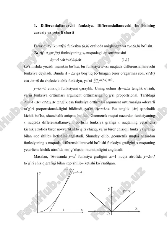 teorema. f(x) funksiya x=x0 nuqtada differensiallanuvchi bo`lishi uchun uning shu nuqtada chekli f`(x0) hosilasi mavjud bo`lishi zarur va yetarlidir. isboti. zaruriyligi. funksiya x=x0 nuqtada differensiallanuvchi bo`lsin. u holda funksiyaning orttirmasiini (1.1) ko`rinishda yozish mumkin. undan (x(0 da ni yozish mumkin. bundan (x(0 da , demak x nuqtada hosila mavjud va f`(x)=a ekanligi kelib chiqadi. yetarliligi. chekli f`(x0) hosila mavjud bo`lsin, ya`ni . u holda , bu yerda (((x) (x(0 da cheksiz kichik funksiya. demak, (y=f`(x0)((x+(((x)(x (1.2) yoki (y=a((x+(((x)(x, bu yerda a=f`(x0). shunday qilib x=x0 nuqtada f(x) funksiya differensiallanuvchi va a=f`(x0) ekan. bu teorema bir o`zgaruvchili funksiya uchun differensiallanuvchi bo`lish hosilaning mavjud bo`lishiga teng kuchli ekanligini anglatadi. shu sababli hosilani topish amali funksiyani differensiallash, matematik analizning hosila o`rganiladigan bo`limi differensial hisob deb ataladi. shunday qilib, avvalgi 1-ta`rif bilan ekvivalent bo`lgan ushbu ta`rifni ham berish mumkin: ta`rif: agar f(x) funksiya x=x0 nuqtada chekli f`(x0) hosilaga ega bo`lsa, u holda f(x) funksiya x=x0 …