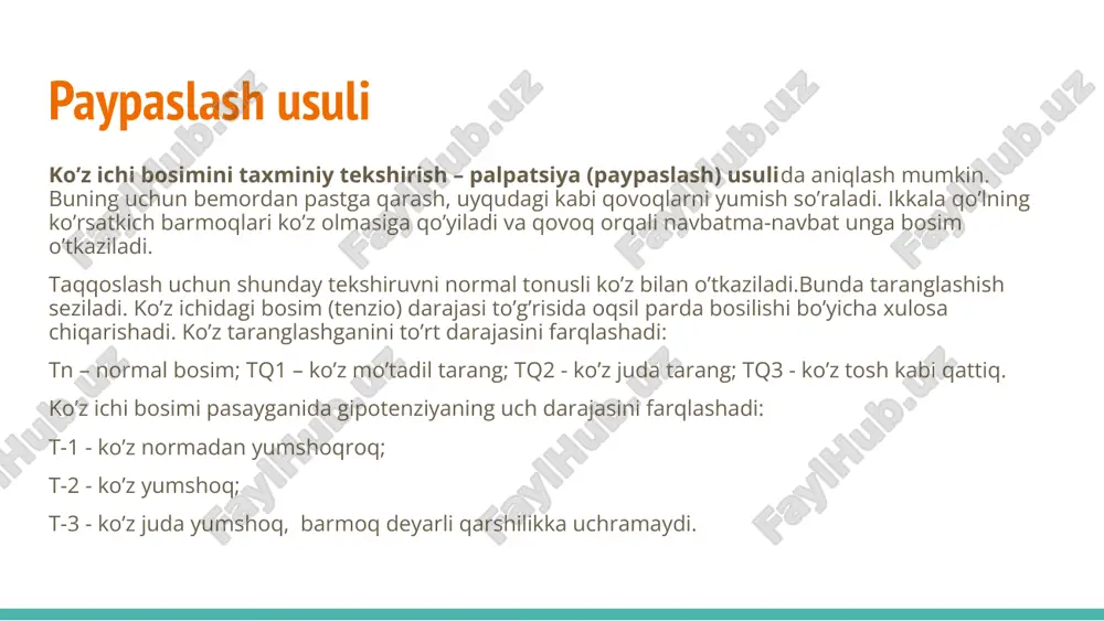 hka qatlam maxsus tayyorlangan bo’yoq suriladi. bu bo’yoqni ko’pincha suv va glitserin bilan aralashtirilgan kollargoldan tayyorlashadi. tonometr butlanishida shtempel sifat yostiqcha bor, u shunday bo’yoq bilan shimdiriladi. tsilindr yostiqchaga bosganida tonometr plastinkasi bo’yaladi. bo’yoq juda yupqa qatlam bilan qo’yiladi. uning ortiqchasini quruq steril tampon bilan olish lozim. bemorni yuzini yuqoriga qilib, kushetkaga yotqiziladi, kon’yunktival bo’shliqqa ikki marta 2-3 daqiqa interval bilan tetrakain yoki boshqa antestetikning 0,5% aralashmasi tomiziladi. tekshirayotgan ko’z shox pardasi gorizontal tekislikda joylashishi lozim. shu maqsadda bemordan yuk tushirilganda shox parda markaziga to’g’ri keladigan tarzda, ma’lum nuqtaga qarash so’raladi. bemordan o’rganilayotgan ko’zga qarama qarshi bo’lgan qo’l barmog’ini mahkamlash so’raladi. barmoq holatini shifokor to’g’irlaydi. shifokor bir qo’li bilan bemor qovoqlarni ochadi, boshqasi bilan esa tonometrni ko’zga o’rnatadi. dastagidan ushlangan tonometr shox pardaning markaziy qismiga o’rnatiladi. u vertikal holatga ega bo’lishi kerak. dastak, uskuna to’liq vazn bilan bosim o’tkazishi uchun tsilindrning yarmigacha tushuriladi. kontakt davomiyligi 1-2 soniyani tashkil etishi kerak. …