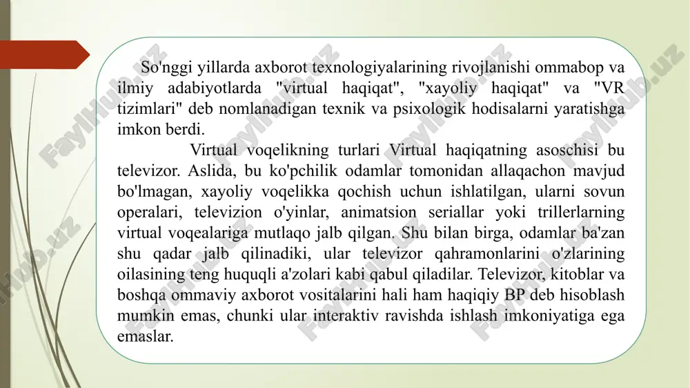 lar uchun yaxshi ishlatiladi. haqiqiy vaqtdagi video va kompyuter grafikalarini birlashtirish g'oyasi, xususan, virtual studiya texnologiyasini yaratdi, bunda televizor ekranidagi real vaqtda tasvir translyatsiya ishtirokchilari va kompyuter yaratadigan va ushbu videoga ulaydigan uch o'lchovli olamlarning video yozuvlaridan iborat. stol usti vr tizimlari katta monitor yoki proektorlardan foydalangan holda ish stoli vr-ni anglatadi. bu biznes taqdimotlar uchun juda yaxshi vositadir, chunki dubulg'aning o'rniga joystik, sichqoncha yoki trekbol kerak bo'ladi, uning yordamida foydalanuvchi uch o'lchovli modelni monitorda 360 darajaga aylantirishi mumkin. bunday tizimdan foydalanib, kelajakdagi bino yoki kema dizaynini namoyish etish juda oson. kompyuter o'yinlariga ishtiyoq ko'pincha ularga qaramlikka olib keladi. virtual haqiqatni tushunmasdan kompyuter o'yinlariga bog'liqlikni anglash mumkin emas. kompyuter o'yinining virtual "olamini" tashkil etadigan virtual haqiqat, o'yinchi tomonidan haqiqiy dunyo sifatida qabul qilinadi, "mavjudlik" ta'siri paydo bo'ladi. kompyuter texnologiyalarining rivojlanishi va o'yin dasturlari bozorining kengayishi bilan kompyuter o'yinlariga qiziquvchilar soni ortib bormoqda. buni kuzatilayotgan omillar bilan taqqoslash mumkin: o'yin kompyuterlari …