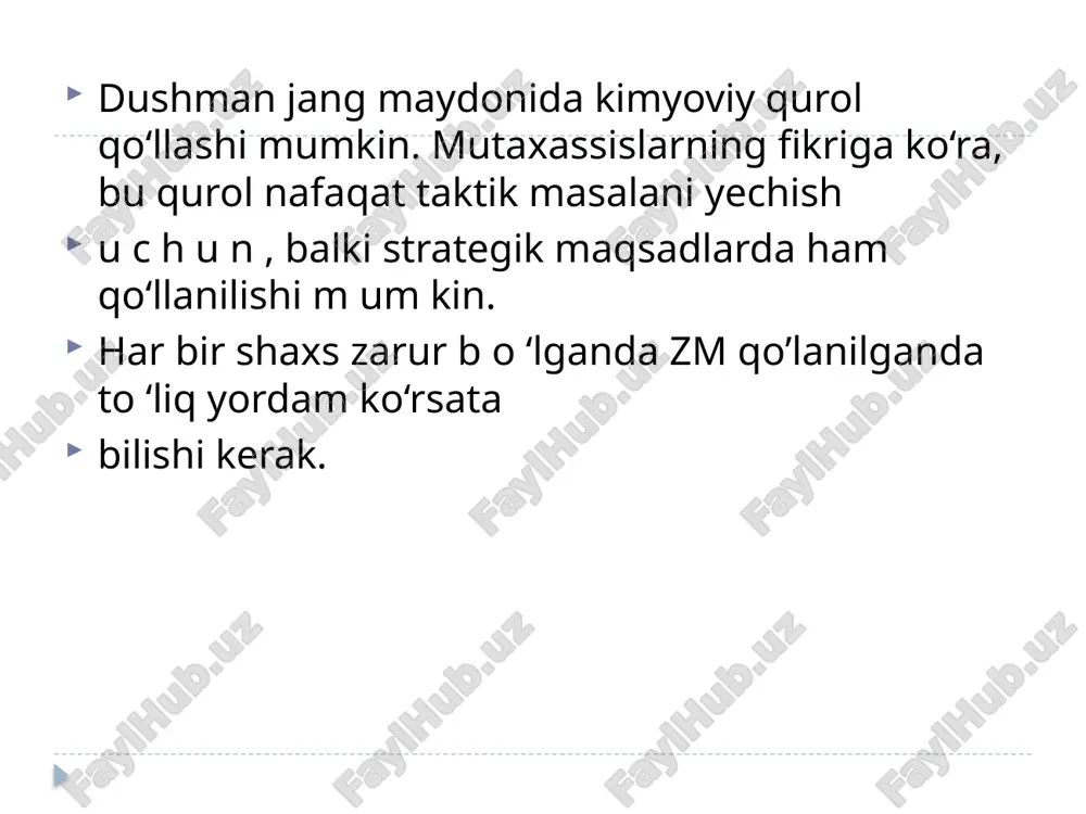ts iy a bilan q o p lan g an . j a ro h a t a tr o f terisi d a g ‘allashgan, u n ing o stid a esa yiringli o q m alar o ‘chraydi. iprit bilan zararlangan jarohatlarga quyidagilar xos: ipritning spesifik (yongan rezina, sarim so q ) hidi keladi, og‘riq reaksiyasi kuzatilm aydi, ja ro h a t yuzasida to ‘q q o ‘n g ‘ir zm to ‘plangan d o g ‘larni k o ‘rish m um - k in , to ‘q im lar q o ‘n g ‘ir jig a rra n g tusga kirgan b o la d i. a gar ja ro h a tg a lyuizit tushsa, kuchli kuydiruvchi qisqa m u d d a tli og‘riq b o la d i, geran hidi keladi, ja ro h a t t o ‘qim alari och kulrang tu …