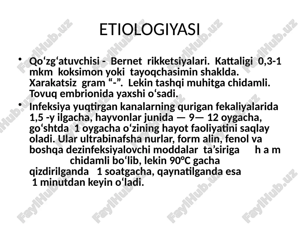 ak va bo ‘g ‘imlar og ‘rig‘i, bosib ko‘rganda va harakatlantirganda ko ‘z olm alarida o g ‘riq kuzatiladi, burundan qon ketishi mumkin. klinikasi avj olishi-tana haroratining katta oraliq bilan o ‘zgarib turishi, takroran etuvushishlar va ko ‘p terlashlar kasallik uchun xos belgilardir. isitma davri o ‘rtacha 7 kundan 10 kungacha davom etadi. harorat litik tipda tushadi. yuz terisi qizarib, sklera tomirlari kengayadi. shuni ta’kidlash zarurki, ku-isitm asida terida toshmalar toshmaydi. ayrim bemorlarda 3—5-k unlardan boshlab og ‘riq bilan kechadigan quruq yo‘tal, ba’zan esa balg‘am aralash (qon ham b o ‘lishi m umkin ) yo‘tal kuzatiladi. nafas olganda va yo‘talganda ko‘krak qafasida og ‘riq bo‘ladi. nafas yetishmasligi yoki bo‘g ‘ilish hollari uchramaydi. tukillatib ko'rganda bo‘g ‘iq perkutor tovush, eshitib korilganda — quruq, ba’zan mayda pufakchali xirillashlar eshitiladi. klinikasi rekonvalensiya- ayrim bemorlar vaqti-vaqti bilan qorinning u yer-bu yeri og‘rib turishidan shikoyat qiladilar. ba’zi hollarda og‘riq o‘tkir tus oladi va o ‘tkir …