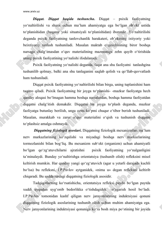 gan paytda xuddi uyqudan uyg‘onib bedorlikka o‘tishdagidek o‘zgarish hosil bo‘ladi. i.p.pavlov tomonidan kashf qiligan nerv jarayonlarining induktsiyasi qonuni diqqatning fiziologik asoslarining tushunib olish uchun muhim ahamiyatga ega. nerv jarayonlarining induktsiyasi qonuniga ko‘ra bosh miya po‘stining bir joyida maydonga kelgan ko‘zg‘alish jarayonlari bosh miya po‘stining boshqa joylarida tormozalnish jarayonini yuzaga keltiradi. va aksincha bosh miya po‘stining bir joyida maydonga kelgan ko‘zg‘alish jarayonlari bosh miya po‘stining boshqa joylarida tormozalnish jarayonini yuzaga keltiradi. a.a.uxtomskiy tomonidan ilgari surilgan dominantlik printsipi ham diqqatning fiziologik asoslarini tushunishda muhim rol o‘ynaydi. bu printsipga asosan, miyada ko‘zg‘alishining har doim ustun turadigan hukmron o‘chog‘i mavjud, bu hukmron ko‘zg‘alish o‘chog‘i ayni paytda miyaga ta’sir qilib, unda yuzaga kelayotgan hamma ko‘zg‘alishlarni qandaydir ravishda o‘ziga tortib oladi va buning natijasida boshqa ko‘zg‘alishlarga nisbatan uning hukmronligi yanada oshib boradi. bunday ko‘zg‘alish o‘chog‘ining paydo bo‘lish asosi mazkur qo‘zg‘atuvchining kuchigagina bog‘liq bo‘lmay, balki nerv sistemasining ichki holatiga ham bog‘liq bo‘ladi. bu hol psixologik jihatdan biror …