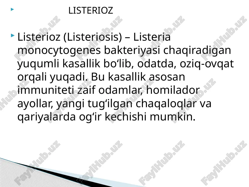 lik rivojlanishiga sabab bo‘ladigan omillar ba’zi odamlar listeriozga ko‘proq moyil bo‘ladi. asosiy xavf guruhlari: homilador ayollar – immun tizimi zaiflashgani uchun listeriozga moyillik oshadi. yangi tug‘ilgan chaqaloqlar – immun tizimi hali to‘liq shakllanmagan. qariyalar (60 yoshdan katta) – immunitet tabiiy ravishda pasayadi. immuniteti zaif odamlar – oiv/oits bilan kasallanganlar, saraton kasalliklari bilan davolanayotganlar, organ transplantatsiyasi olgan bemorlar. surunkali kasalliklari bor odamlar – diabet, jigar kasalliklari, buyrak yetishmovchiligi kabi kasalliklar listerioz xavfini oshiradi. listeriozning klinik belgilari listerioz turli klinik shakllarda kechishi mumkin. uning belgilari organizmning qaysi tizimi zararlanganiga bog‘liq. inkubatsion davr (infeksiya tanaga tushganidan keyin simptomlar paydo bo‘lishi) 3–70 kun davom etishi mumkin, o‘rtacha esa 1–4 hafta ichida namoyon bo‘ladi. 1. grippga o‘xshash shakl bu eng yengil shakli bo‘lib, odatda, sog‘lom immunitetga ega odamlarda kuzatiladi. belgilar: isitma (37,5–39°c) mushaklarda og‘riq holsizlik bosh og‘rig‘i . gastrointestinal (ichak) shakli listerioz bakteriyasi oziq-ovqat orqali yuqsa, oshqozon-ichak tizimida belgilarga sabab bo‘lishi mumkin. belgilar: ko‘ngil aynishi …