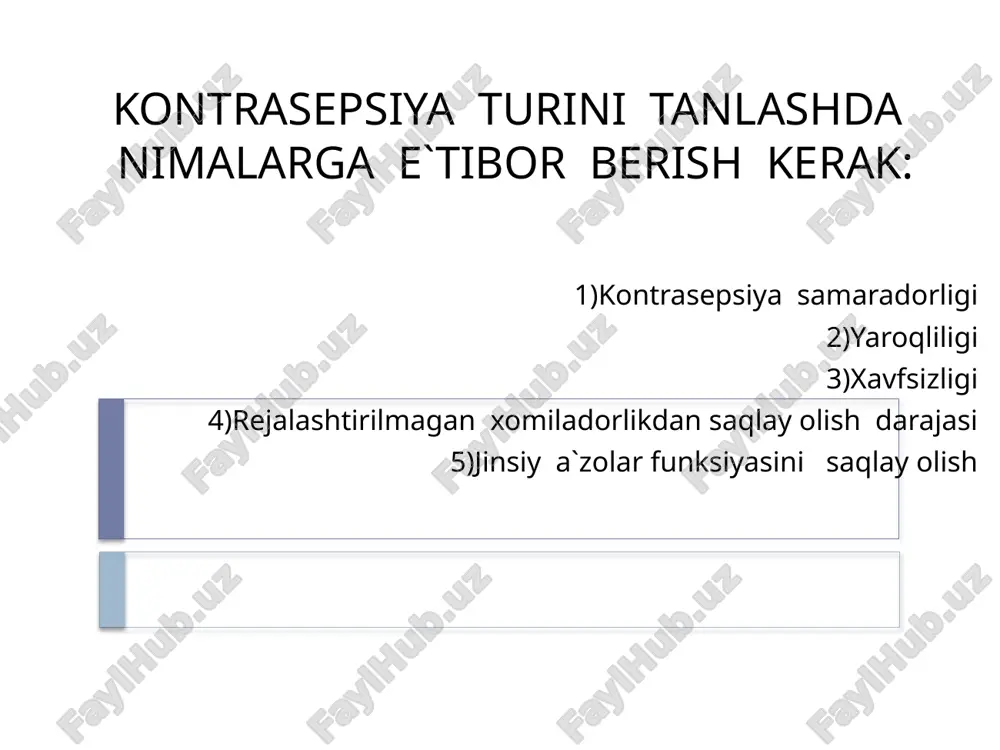 ng reproduktiv salomatligini saqlab qoladi, bundan tashqari bachadon bo`yni raki va displaziyasi rivojlanish xavfi kamayadi. baryer kontrasepsiya afzalliklari:organizmga zarar yetkazmaydi,gormonal preparatlar qo`llash mumkin bo`lmagan ekstragenital kasalliklarda ishlatish mumkin, jinsiy organlar funksiyasini buzmaydi.immunologik bepushtlikni davolayotganida ishlatiladi,arzon va berkitish oson kamchiliklari: xomiladorlikdan saqlashda katta effektga ega emas,jinsiy a`zolarni ta`sirlashi va allergiya chaqirishi mumkin,diskomfort. baryer kontrasepsiya turlari: mexanik:prezervativ,qin diafragmasi,kalpachok kimyoviy:spermitsitlarni qabul qilish kombinirlashgan:spetmitsit shimdirilgan qin diafragmasi,kalpachok,prezevativ erkaklarniki:prezervativlar-spermani qinga tushishiga yo`l qo`ymaydi. ayollarniki:qin diafragmasi, kalpachok,spermitsit-spermani qindan bachadon bo`shlig`iga o`tkazmaydi erkaklar mexanik kontrasepsiyasi prezevativ(kondoma)-o`lchami,shakli,qalinligi,rangi bilan farq qiladi. ular lateks yoki boshqa materialdan qilinadi. spermani qinga kirishidan va erkakni turli xil infeksiyalardan himoya qiladi. prezervativ to`g`ri ishlatish kerak, aks holda foydasi yo`q. ayollar mexanik kontrasepsiyasi 1)ayollar prezervativi 2)qin diafragmalari 3)bachadon bo`yni kalpachoklari 4)vaginal kontraseptik gubkalar ayollar mexanik kontrasepsiyasi ikki uchi xalqa bilan tugagan bo`lib, birinchi xalqali uchi bachadon bo`ynini mahkam berkitadi. ikkinchi xalqali uchi esa qin orqali tashqariga chiqadi va oraliqni va katta jinsiy lablarni berkitadi. …