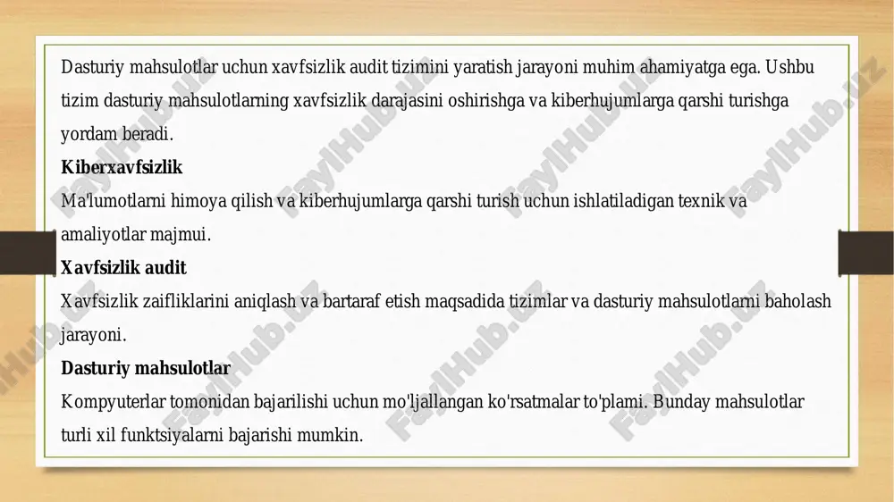 . kodning xatti-harakatlarini kuzatadi va potentsial zaifliklarni qidirishga imkon beradi. penetration testing dasturiy mahsulotga hujumchi tomonidan qo'llanishi mumkin bo'lgan usullarni simulyatsiya qilib, xavfsizlikni tekshirish usuli. tashqi ta'sirlardan himoyalash: tahdidlar va himoya chora-tadbirlari kiberhujumlar malware, ddos hujumlar, phishing va boshqa tahdidlar dasturiy mahsulotlarga salbiy ta'sir ko'rsatishi mumkin. xavfsizlik devori noqonuniy ulanishlarni blokirovka qilish orqali tarmoqqa kirishni nazorat qiladigan xavfsizlik tizimi. antivirus dasturlari dasturiy mahsulotga kirib kelgan zararli dasturlarni aniqlash va bartaraf etishga mo'ljallangan dasturiy ta'minot. xulosa va kelgusida qo'llash uchun tavsiyalar xavfsizlik audit tizimini yaratish va amalga oshirish har qanday dasturiy mahsulotning xavfsizligini oshirish uchun zarurdir. doimiy takomillashtirish va yangilanishlar kiberhujumlarga qarshi turish va ma'lumotlarni himoya qilishga yordam beradi.