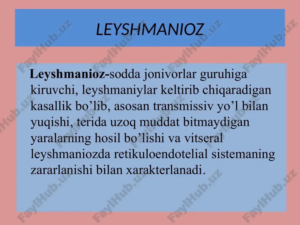 m odamga qo’yish natijasida gematogen yo’l orqali ham yuqishi isbotlangan. kasallikka moyillik kasallikka barcha yoshdagilar va ikkala jinsning ham moyilligi bir xil. endemik o’choqlarga xizmat safariga boruvchilar orasida kasallanish ko’proq qayd etiladi. qishloq va shahar turidagi leyshmanioz bilan ko’proq o’rta ishga yaroqli yoshdagi odamlar kasallanadi. vitseral leyshmanioz ko’pincha yosh bolalar orasida keng tarqaladi. kasallikni boshidan kechirganlarning organizmida turg’un gumoral immunitet hosil bo’ladi. mavsumiyligi leyshmaniozning zoonoz, qishloq turida asosan yoz oyining oxiri avgust oylaridan boshlab, kuz faslida ko’proq tarqaladi. kasallanishni davom etishi kuz oxiri va qish fasliga to’g’ri keladi. shahar turidagi leyshmaniozga mavsumiylik xos emas, yil davomida uchrashi mumkin. etiologiyasi 1. phlebotomus pappatasi chivinlari ( moskitlar ) 2. xivchinli leyshmaniylar . leptomanad stadiyasi patogenizi teri leyshmaniozining epidemiololik zanjiri klinikasi teri leyshmaniozining quyidagi klinik shakllari bor: 1-birlamchi leyshmanioma; a) tugunli bosqichi b)yaralanish bosqichi d)chandiqlanish bosqichi. 2- ketma-ket rivojlanadigan leyshmanioma. 3- tarqoq infiltirlanadigan leyshmanioz. 4- silsimon leyshmanioz yoki metaleyshmanioz. leyshmanioz eroziv-yaralanishning boshlang’ich bosqichi …