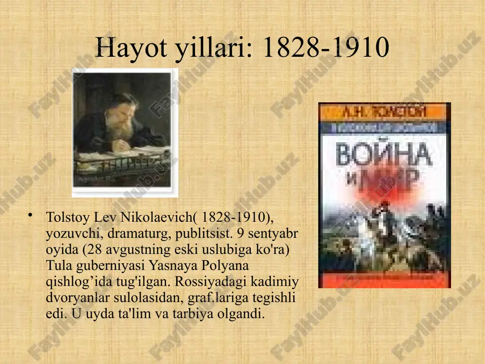gi uy. tolstoy 1852 yilda harbiy xizmatga yo’llanadi va shu yilning iyul oyida uning “bolalik” povesti “sovremennik” jurnalida bosilib chiqadi. 1854–55 yillarda tolstoy sevastopol himoyasida jang qiladi. qrim urushida rossiyaning yengilishi, sevastopolni turklar bosib olganidan keyin u zahiraga boʻshaydi. 1855 yilda u nekrasov, turgenev, chernishevskiy, goncharovlar kabi yozuvchi, shoirlar bilan tanishadi. ular bilan tanishgandan soʻng, avvalida tolstoy liberallarning fikrini maʼqullab turdi, lekin tez orada oʻzining pozitsiyasini mustahkamlab oldi. uning fikricha, rossiyani yanada rivojlantirish uchun xalqni maʼnaviy qayta tarbiyalash kerak. har qanday shaxs oʻzi ustida ishlashi zarur edi. 1859-yilda tolstoy qishloqda dehqon bolalari uchun maktab ochdi, yasnaya polyana atrofida 20 tadan ortiq maktablarga yordam berdi. 1862da "yasnaya polyana" pedagogika jurnali, “alifbo" va "yangi alifbo" kitoblari , shuningdek, bolalar kitoblari chop etildi. oilaviy hayoti 1862 yilda l. n. tolstoy oʻzidan 16 yosh kichik boʻlgan sonya andreevna berisga uylanadi. ular 9 farzandni tarbiyalashadi. 1863 yildan boshlab, “urush va tinchlik” romani ustida ishlashni boshlaydi. …