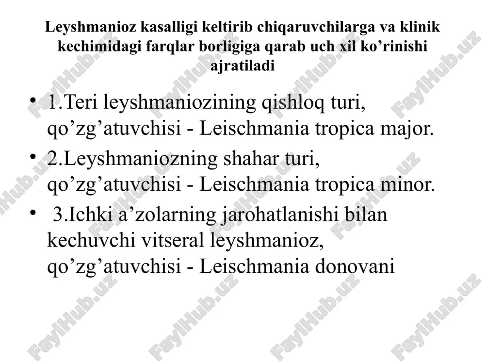 proq o’rta ishga yaroqli yoshdagi odamlar kasallanadi. vistseral leyshmaniozko’pincha yosh bolalar orasida keng tarqaladi. kassalikni boshidan kechirganlarning organizmida turg’un gumoral immunitet hosil bo’ladi. mavsumiyligi leyshmaniozning zoonoz, qishloq turida asosan yoz oyining oxiri avgust oylaridan boshlab, kuz faslida ko’proq tarqaladi. kasallanishi davom etishi kuz oxiri va qish fasliga to’g’ri keladi. shahar turidagi leyshmaniozga mavsumiylik xos emas, yil davomida uchrashi mumkin. klinikasi: teri leyshmaniozining quyidagi klinik shakllari ajratiladi: 1)birlamchi leyshmanioma; a) tugunli bosqichi b)yaralanish bosqichi c)chandiqli bosqich. 2) ketma-ket rivojlanadigan leyshmanioma 3) tarqoq infiltratlanadigan leyshmanioma 4) silsimon leyshmanioz yoki metaleyshmanioz. leyshmanioz eroziv-yaralanish boshlanish bosqichi leyshmanioz eroziv-yaralanish boshlanish bosqichi leyshmanioz tugunchalarining yemirilishi va ustini qaloq qoplash bosqichi leyshmanioz yaralanish bosiqichi oyoqda ko`p miqdordagi yaralar leyshmanioma atrofida qiz pufakchalarining xosil bo`lishi ko`p miqdordagi leyshmaniomalar leyshmanioma va tasbex belgisi baliq ikrasi belgisi leyshmanioma va tasbex belgisi leyshmanioma va baliq ikrasi belgisi leyshmaniomaning atrofik chandiqlanib bitish davri leyshmaniomaning o`tkir davri va yara atorofida infiltratlangan gardish o`ralgan …