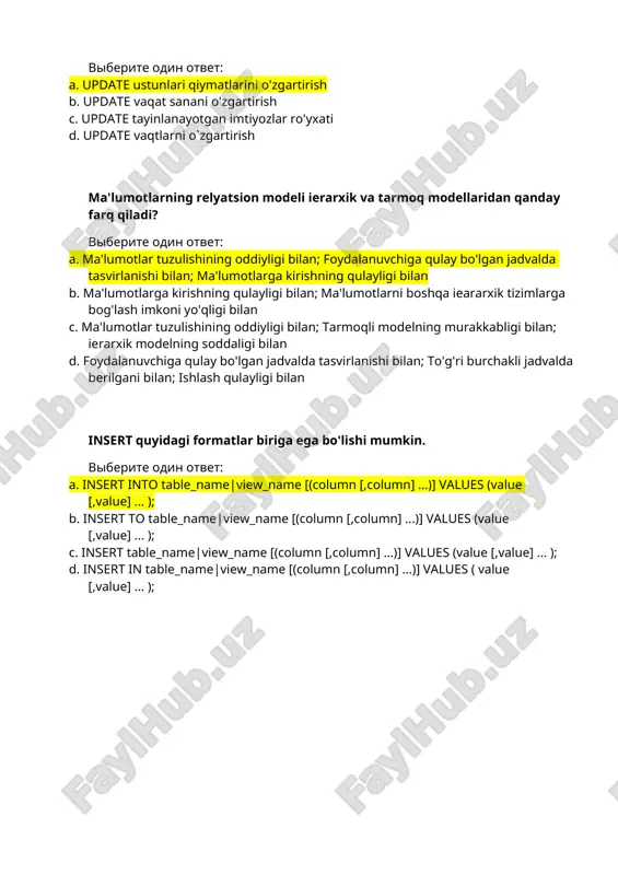 table_name|view_name [(column [,column] ...)] values (value [,value] ... ); b. insert to table_name|view_name [(column [,column] ...)] values (value [,value] ... ); c. insert table_name|view_name [(column [,column] ...)] values (value [,value] ... ); d. insert in table_name|view_name [(column [,column] ...)] values ( value [,value] ... ); ma'lumotlar bazasi nima? viberite odin otvet: a. foydalanuvchi tomonidan yig'ilgan ma'lumotlar to'plami b. biror ob'ekt to'g'risidagi ma'lumotlar to'plami c. tashuvchida tashkil qilingan ma'lumotlar to'plami d. mashina tashuvchilarida mbbt vositalari yordamida tashkil qilingan ma'lumotlar to'plami mantiqiy maydon uzunligini aniqlang. viberite odin otvet: a. bayt b. bit c. millimetr d. santimetr …. modelda ob`ektlar va ularning o`zaro munosabatlari ikki o'lchovli jadval kurinishida tasvirlanadi. viberite odin otvet: a. ierarxik b. relyatsion c. tarmoqli d. tarqoq sqlda sum() – ustundagi hamma qiymatlar summasini hisoblaydigan formatni to`g`risini toping. viberite odin otvet: a. distinct ustun nomi sum ( fayil ) b. sum ( ifoda ) distinct ustun nomi c. sum ( …