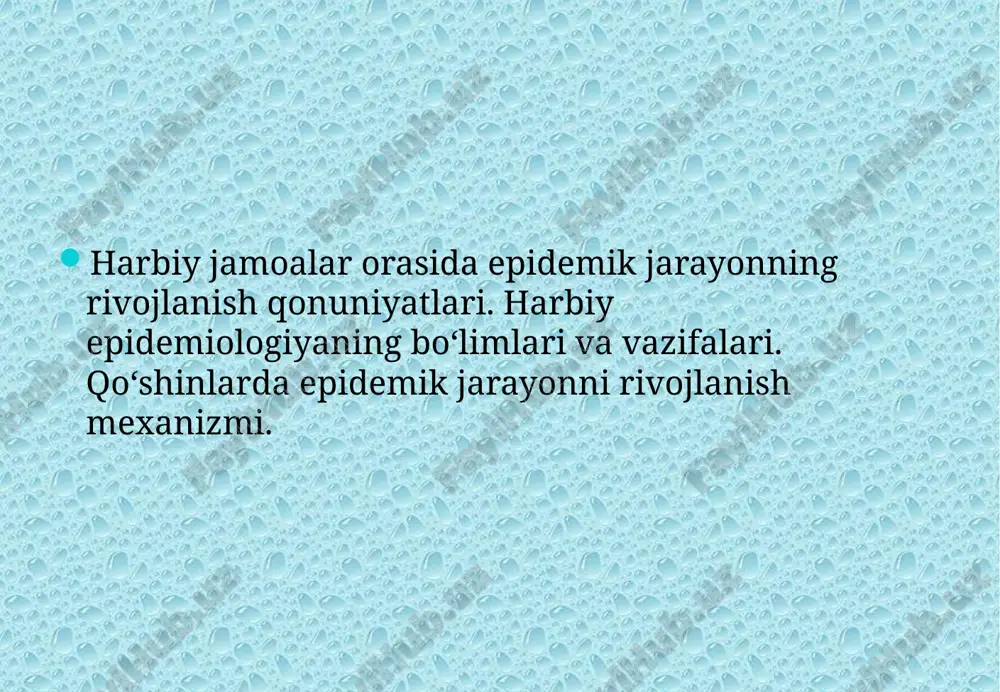 biy epidemiologiyaning tashkiliy prinsiplari asosida vaziyatga qarab epidemiyaga qarshi chora-tadbirlami o‘tkazish; - epidemiyaga qarshi chora-tadbirlar va tegishli mansabdor shaxslar hamda tashkiliy tuzilmalar ishlarining sifatini dinamik baholash, bular asosida qo‘shinlami epidemiyadan himoya qilish hozirgi zamonda harbiy epidemiologiya oldida quyidagi asosiy vazifalar turibdi: - qo‘shinlar shaxsiy tarkibi orasida tarqalishi mumkin bo‘lgan yuqumli kasalliklar va parazitar kasalliklarning oldini olish; harbiy xizmatchilaming sog‘lig‘ini saqlash va mustahkamlash maqsadida ulaming hayoti, maishiy va jangovar faoliyati ustidan doimiy ravishda sanitariya-epidemiologik kuzatuv o‘matish; - tibbiy xizmat tomonidan qo‘shinlar shaxsiy tarkibini himoya qilish bo‘yicha chora-tadbirlar o‘tkazish, shuningdek, yaradorlar, bemorlar, tibbiy xizmat bo‘limlari va muassasalarini biologik qurollar ta’siridan himoya qilish; - harbiy holat vaqtida qo‘shinlar shaxsiy tarkibi orasida epidemik jarayon rivojlanishining o‘ziga xos xususiyatlarini o‘rganish, shuningdek, qo‘shinlaming turli jangovar faoliyatlari sharoitlarida epidemiyalaming oldini olishga qarshi choratadbirlarini o‘rganish va ulami umumiylashtirisl 1. harbiy epidemiologiyaning nazariy asosi. bu boiimda harbiy qism shaxsiy tarkibi orasida epidemik jarayonning rivojlanish qonuniyatlari o‘rganiladi. qo‘shinlar orasida tinchlik …