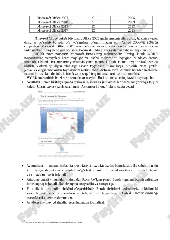 e versiyasi tarkibidagi dasturlar soni ishlab chiqarilgan yili microsoft office 95 3 1995 microsoft office 97 4 1997 microsoft office 2000 5 2000 microsoft office xp 5 2001 microsoft office 2003 7 2003 microsoft office 2007 9 2006 microsoft office 2010 9 2009 microsoft office 2013 12 2012 microsoft office 2017 12 2015 microsoft office paketi microsoft office 2003 gacha imkoniyatlari ortib, tarkibiga yangi dasturlar qo‟shilib borsada o‟z ko‟rinishini o‟zgartirmagan edi. ammo 2006-yil sotuvga chiqarilgan microsoft office 2007 paketi o‟zidan avvalgi avlodlarning barcha buyruqlari va imkoniyatlarini saqlab qolgan bo‟lsada, ko‟rinishi oldingi versiyalardan tubdan farq qilar edi. word matn muharriri microsoft firmasining mahsulotidir. hozirgi kunda word muharririning versiyalari keng tarqalgan va ushbu muharrirlar faqatgina windows dasturi muhitida ishlaydi. bu muharrir yordamida yangi matnni kiritish, matnni tayyor shakl asosida kiritish, xatlarni qo‟yilgan talablarga asosan tayyorlash, manzillarga jo‟natish, rasm, grafik, jadval va diagrammalardan foydalanish: matnni chop etishdan avval ekranda ko‟zdan kechirish, matnni kiritishda …