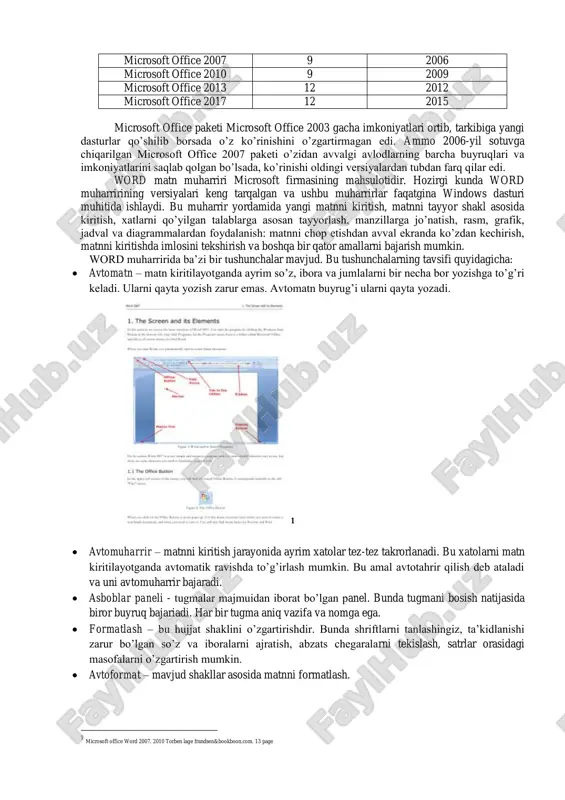 e versiyasi tarkibidagi dasturlar soni ishlab chiqarilgan yili microsoft office 95 3 1995 microsoft office 97 4 1997 microsoft office 2000 5 2000 microsoft office xp 5 2001 microsoft office 2003 7 2003 microsoft office 2007 9 2006 microsoft office 2010 9 2009 microsoft office 2013 12 2012 microsoft office 2017 12 2015 microsoft office paketi microsoft office 2003 gacha imkoniyatlari ortib, tarkibiga yangi dasturlar qo‟shilib borsada o‟z ko‟rinishini o‟zgartirmagan edi. ammo 2006-yil sotuvga chiqarilgan microsoft office 2007 paketi o‟zidan avvalgi avlodlarning barcha buyruqlari va imkoniyatlarini saqlab qolgan bo‟lsada, ko‟rinishi oldingi versiyalardan tubdan farq qilar edi. word matn muharriri microsoft firmasining mahsulotidir. hozirgi kunda word muharririning versiyalari keng tarqalgan va ushbu muharrirlar faqatgina windows dasturi muhitida ishlaydi. bu muharrir yordamida yangi matnni kiritish, matnni tayyor shakl asosida kiritish, xatlarni qo‟yilgan talablarga asosan tayyorlash, manzillarga jo‟natish, rasm, grafik, jadval va diagrammalardan foydalanish: matnni chop etishdan avval ekranda ko‟zdan kechirish, matnni kiritishda …