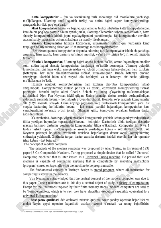 form of memory. the processing element carries out arithmetic and logic operations, and a sequencing and control unit can change the order of operations in response to stored information. peripheral devices allow information to be retrieved from an external source, and the result of operations saved and retrieved. 1 kompyuterlarni xotirasining hajmi, bir sekundda bajaradigan amallar tezligi, ma’lumotlarning razryad to`rida (yacheykalarda) tasvirlanishiga qarab besh guruhga bo`lish mumkin:  super kompyuterlar (super computer);  katta kompyuterlar (manframe computer);  mini kompyuterlar (minicomputer);  shaxsiy kompyuterlar (pc - personal computer);  bloknot kompyuterlar (notebook). super kompyuterlar – juda katta tezlikni talab qiladigan va katta hajmdagi masalalarni yechish uchun mo`ljallangan bo`ladi. bunday masalalar sifatida ob–havoning global prognoziga oid masalalarni, uch o`lchovli fazoda turli oqimlarning kechishini o`rganish masalalari, global informatsion tizimlar va h.k. keltirish mumkin. bu kompyuterlar bir sekundda 10 trilliardlab amal bajaradi. super kompyuterlarning ma’lum yo`nalish masalalarini yechishga qaratilgan turlari ham mavjud. 1 …