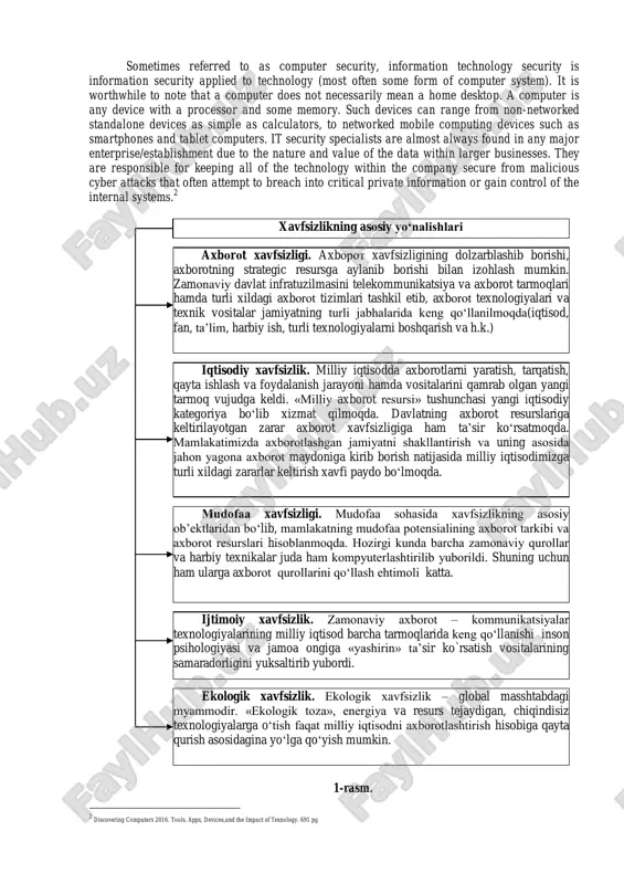 i bo‘lib, axborot himoyasi esa davlatning birlamchi masalalariga aylanmoqda. hozirgi kunda xavfsizlikning bir qancha yo‘nalishlarini qayd etish mumkin. (1- rasm) 2. predmetning asosiy tushunchalari va maqsadi. axborotning muhimlik darajasi qadim zamonlardan ma’lum. shuning uchun ham qadimda axborotni himoyalash uchun turli xil usullar qo‘llanilgan. ulardan biri – sirli yozuvdir. undagi xabarni xabar yuborilgan manzil egasidan boshqa shaxs o‘qiy olmagan. asrlar davomida bu san’at – sirli yozuv jamiyatning yuqori tabaqalari, davlatning elchixona rezidentsiyalari va razvedka missiyalaridan tashqariga chiqmagan. faqat bir necha o‘n yil oldin hamma narsa tubdan o‘zgardi, ya’ni axborot o‘z qiymatiga ega bo‘ldi va keng tarqaladigan mahsulotga aylandi. uni endilikda ishlab chiqaradilar, saqlaydilar, uzatishadi, sotadilar va sotib oladilar. bulardan tashqari uni o‘g‘irlaydilar, buzib talqin etadilar va soxtalashtiradilar. shunday qilib, axborotni himoyalash zaruriyati tug‘iladi. axborotni qayta ishlash sanoatining paydo bo‘lishi axborotni himoyalash sanoatining paydo bo‘lishiga olib keladi. information security, sometimes shortened to infosec, is the practice of defending information from unauthorized access, …