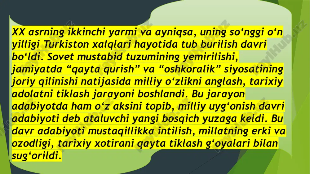 la qodiriy, usmon nosir kabi siymolarni qayta xalq ongiga olib kirishdi. she’riyat, nasr va dramaturgiyada xalqni uyg‘otuvchi publitsistik ruh, tarixiy xotirani tiklash, milliy g‘ururni ulug‘lash kabi yo‘nalishlar kuchaydi. adabiyotning asosiy mavzulari: - milliy istiqlol va ozodlik g‘oyasi. adabiy asarlarda xalqning mustamlakachilikdan qutulish orzusi, mustaqillik intilishi aks etdi. - tarixiy shaxslar va voqealar. amir temur, jaloliddin manguberdi kabi qahramonlar siymosi qayta tiklandi. - jadidlar merosi. xx asr boshida millat uyg‘onishiga xizmat qilgan jadidlarning taqdiri va faoliyati adabiy asarlarda o‘z ifodasini topdi. - milliy qadriyatlar va til. she’riyat va nasrda vatan, milliy til, urf-odat va an’analarga bo‘lgan mehr ulug‘landi. turkistonda jadidchilik harakatini vujudga keltiruvchilar tepasida mahmudxo’ja behbudiy, abduqodir shukuriy (shakuriy), ajziy (samarqand), munavvarqori abdurashidxonov, abdulla avloniy, majid qori qodiriy, ubaydullaxo’ja asadullaxo’jayev (ubaydulla xoʻjayev), toshpo’latbek norbo’tabekov (toshkent), fitrat, fayzulla xoʻjayev, usmonxo’ja po’latxo’jayev, abdulvohid burhonov, sadriddin ayniy, abdulqodir muhiddinov (buxoro), obidjon mahmudov, hamza, cho’lpon, is’hoqxon ibrat, muhammadsharif so’fizoda (farg’ona vodiysi), boltihoji sultonov, rahmonberdi madazimov, …