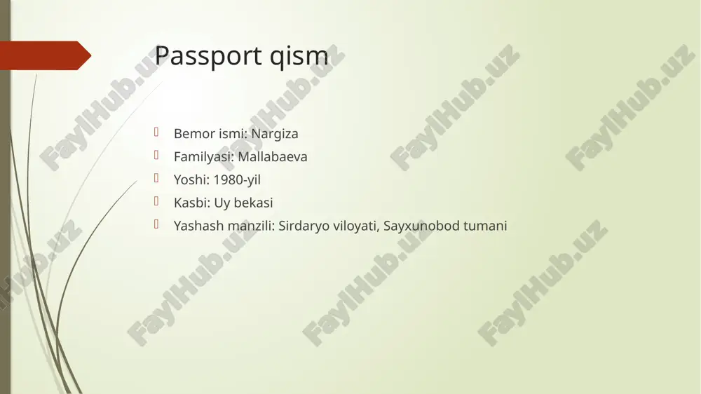 ak qafasi palpatsiyada og`riqsiz. perkussiyada perkutor o`pka tovushi, o’pka chegaralari siljimagan. o`pka auskultasiyasida sust vezikulyar nafas. umumiy ko`rik qon aylanish sistemasi: shikoyati yo’q yurak cho’qqisi l. mediaclavicularis bo’yicha iv qovurg’lar orasida, perkussiyada yurak chegaralari kengaymagan. auskultatsiyada yurak tonlari bo`g`iqlashmagan 120/80mm.sm.ust. yuqs-75 ta min, puls 76 ta ikkala qo’lda, ritmik. ovqat hazm qilish sistemasi: shikoyati: qorin dam bo’lishi, ishtahasizlik, kekirish, jig’ildon qaynashiga. obektib: og’iz bo’shlig’i toza, shillik qavatlari och pushti rangda, pigmentasiya va qon quyilishlar yuq. tili quruq, och pushti rangda, oq qarash bilan qoplangan. qorni tarang, assit hisobiga kattalashgan. qorin bo’shlig’i oldingi devorida venalarni kengayishi (“meduza boshi”)aniqlanmaydi, toshmalar, chandiq va pigmentasiya yuq. qorin bo’shlig’i perkussiyada perkutor tovush timpanik. auskultasiyada ichaklar peristaltilasi sust eshitiladi. jigar va toloq assit hisobiga paypaslanmaydi. ich kelishi regulyar. umumiy ko`rik peshob ajratish sistemasi: kam siyishga. ob’ektiv: bel sohasida defigurasiyasiz , shishlar yo’q. teri va shilliq qavatlarida o’zgarishlar yuq . turtki belgisi ikki tomonlama manfiy, buyraklar paypaslanmaydi. …