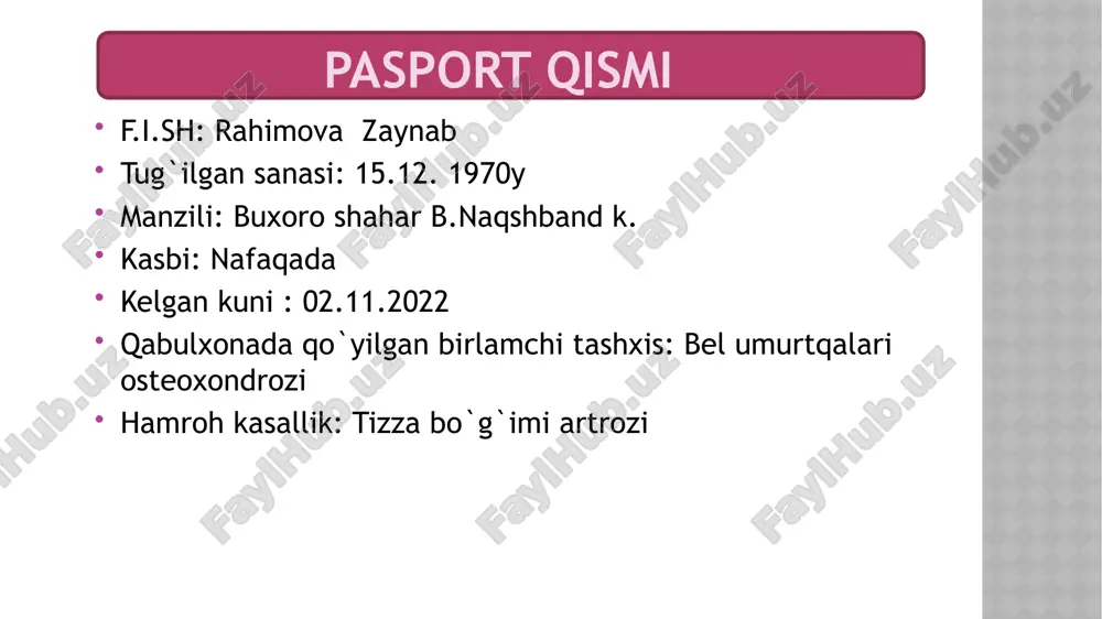 -xushi o`zida , teri qoplamalari odatdagi rangda, nam. tili toza, ko`rinadigan shilliq qavatlari och pushti rangda, toza. periferik limfa tugunlari kattalashmagan. suyak-bo`g`im sistemasi deformatsiyasiz. gavda tuzilishi normostenik. o`pkasida vezikulyar nafas, nos- 20ta/min. yurak tonlari bo`g`iq, puls -80ta/min, ritmik. a/b 130-80 mm.sim.ust qorni yumshoq o`g`riqsiz, jigar va taloq paypaslanmaydi ich kelishi va diurez normada, regulyar. nafas olish sistemasi hafas olish burun orqali erkin, nafas harakatlari ko`krak tipida, kokrak qafasi simmetrik, slindrik. gavda tuzilishi normostenik. ko`krak qafasi rigidligi va ovoz dirillashi normada. perkussiyada aniq o`pka tovushi, o`pka chegaralari normada. auskultatsiyada vezikulyar nafas. o`pka chegaralari: liniya o`ng o`pka chap o`pka lin.clavicularis vi -- lin.axillaris anterior vii vii lin.axillaris media viii viii lin.axillaris posterior ix ix lin.scapularis x x lin.paravertebralis xi xi yurak-qon tomir sistemasi shikoyati yo`q. yurak chegaralari normada, yuqori chegarasi chapdan to`sh qirrasi bo`ylab iii qovurg`aga, lin.clavicularis sinistradan 1sm tashqarida, o`ng chegarasi to`sh qirrasidan 1 sm ichkarida. perkussiyada yurak maydoni sohasida absolyut …