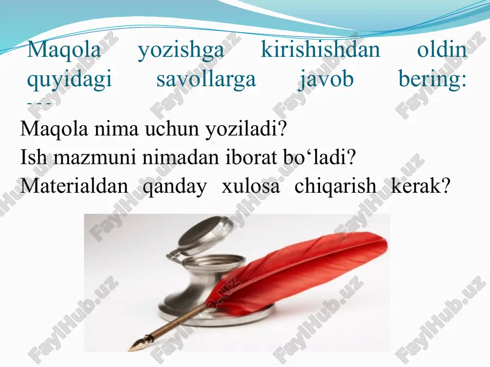 cle talks about the status of the uzbek language as a state language, its importance, the role of the language in the life of society, the work done for 30 years in the field of native language and future tasks. the names used in the uzbek language have been reacted to. keywords: language, linguistics, state language, status, decision, law, names, literacy, error, correct writing annotatsiya: maqolada o'zbek tiliga davlat tili maqomi berilishi, uning ahamiyati, tilning jamiyat hayotida tutgan o'rni, ona tili sohasida 30 yil davomida qilingan ishlar va kelgusidagi vazifalar haqida gapirilgan. o'zbek tilida qo'llanayotgan nomlarga munosabat bildirilgan. kalit so'zlar: til, tilshunoslik, davlat tili, maqom, qaror, qonun, nomlar, savodxonlik, xato, to'g'ri yozish havola fikr, mulohaza va sh.k. haqida maʼlumot uchun biror manbaga qarashga undash, shu manbani koʻrsatish. tezis tezis – ilmiy asar, maqola, doklad va shu kabilardagi asosiy g‘oyalarning qisqa va lo‘nda ifodasi. maqolaning tuzilishi maqola mavzusi maqola matni: a)kirish; …