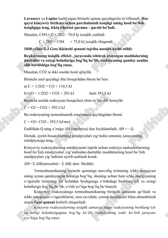 = 96,48 kj ham ishlatiladi. kimyoning kimyoviy reakisyalar issiqlik effektlari miqdorini o’rganadigan bo’limi termokimyo deyiladi. barcha termokimyoviy hisoblar termokimyo qonunlariga asoslangan. bu qonunlar energiyaning saqlanish qonunidan kelib chiqadi. 1874-yilda lavuazye va laplas kashf etgan birinchi qonun quyidagicha ta’riflanadi: har qaysi kimyoviy birikma uchun parchalanish issiqligi uning hosil bo’lish issiqligiga teng, lekin ishorasi qarama - qarshi bo’ladi. masalan, ch4 = c + 2h2 - 76,0 kj issiqlik yutiladi. c + 2h2 = ch4 + 75,0 k] issiqlik chiqaradi. 1840-yijda g.i gess ikkinchi qonuni tajriba asosida kashf etildi: reaksiyaning issiqlik effekti , jarayonda ishtirok etayotgan moddalarning dastiabki va oxirgi holatlariga bog’liq bo’lib, reakisyaning qanday usulda olib borilishiga bog’liq emas. masalan, co2 ni ikki usulda hosil qilaylik. birinchi usul quyidagi ikki bosqichdan iborat bo’lsin: a) c + 1/2o2 = co + 110,5 kj b) co + 1/2o2 = co2 + 283 kj jami 393,5 kj ikkinchi usulda reaksiyani bosqichsiz (bira to’la) olib boraylik: …