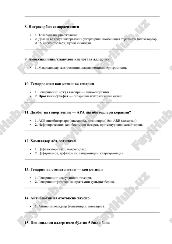 rin va stomatologiya — qon ketishi · 1. geparinning koagulyatsiyaga ta'siri. · 2. geparinni to'xtatish va protamin sulfat berish. 14. antibiotik va ototoksik ta'sir · 1. aminoglikozidlar (gentamitsin, amikatsin). 15. penitsillin allergiyasi bo'lgan 5 yoshli bola · 1. tetratsiklinlar mumkin emas. · 2. chunki ular 8 yoshgacha bolalarda tish va suyakga salbiy ta'sir qiladi. · 3. makrolidlar guruhi (azitromitsin, klaritromitsin). 16. yurak infarkti, shok, aritmiya · 1. lidokain (qarincha aritmiyasida tanlov). · 2. vena ichiga: 1 mg/kg, keyin infuziya 2-4 mg/min. 17. osteoxondroz, nyaqd fonida yazva xuruji mumkinligi · 1. ha, diklofenak yazva xurujini kuchaytirishi mumkin. · 2. nyaqdni to'xtatish, proton nasos ingibitorlari (omeprazol) qo'shish, gastroenterolog maslahati