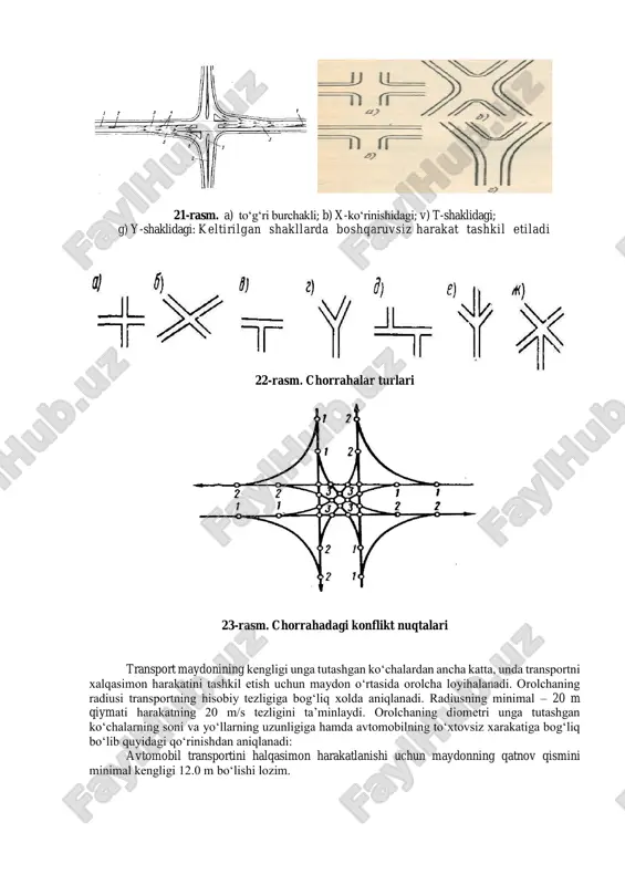 iusning minimal – 20 m qiymati harakatning 20 m/s tezligini ta’minlaydi. orolchaning diometri unga tutashgan ko‘chalarning soni va yo‘llarning uzunligiga hamda avtomobilning to‘xtovsiz xarakatiga bog‘liq bo‘lib quyidagi qo‘rinishdan aniqlanadi: avtomobil transportini halqasimon harakatlanishi uchun maydonning qatnov qismini minimal kengligi 12.0 m bo‘lishi lozim. 24-rasm. chorrahadagi xalqasimon harakat sxemasi a. xalqasimon harakat. b. bir sathdagi chorraha s. bir sathdagi kesishuv chorrahalari (havfsizlik orolchalari bilan). d. avtomobil yo‘llarining turli sathdagi murakkab kesishuvi. kesishishlardan o‘tish tezligi yo‘llarning ularga tutashadigan joylaridagiga qaraganda kam bo‘ladi. avtomobilning kesishishga katta tezlikda bevosita kirib kelishi va ayni vaqtda avtomobillarning kesishishdan asosiy yo‘lga past tezlikda o‘tishi yo‘l-transport xodisalari ro‘y berish xavfini tug‘diradi. bunday xollarning yuz bermasligi uchun yo‘llarning kesishishga tutashish uchastkalariga qatnov qismining qo‘shimcha polosalari qilinadi, ular asosiy qatnov qismidan buyoq surtilgan ajratish chiziqlari bilan ajratib qo‘yiladi, ba’zan gruntli ajratish polosalari bilan ajratib qo‘yiladi. qo‘shimcha polosalar asosiy yo‘ldan tutashuvchi yo‘lga buriluvchi avtomobillarga, to‘g‘ri yo‘nalishda kelayotgan avtomobillarga xalaqit bermasdan, tezlikni …
