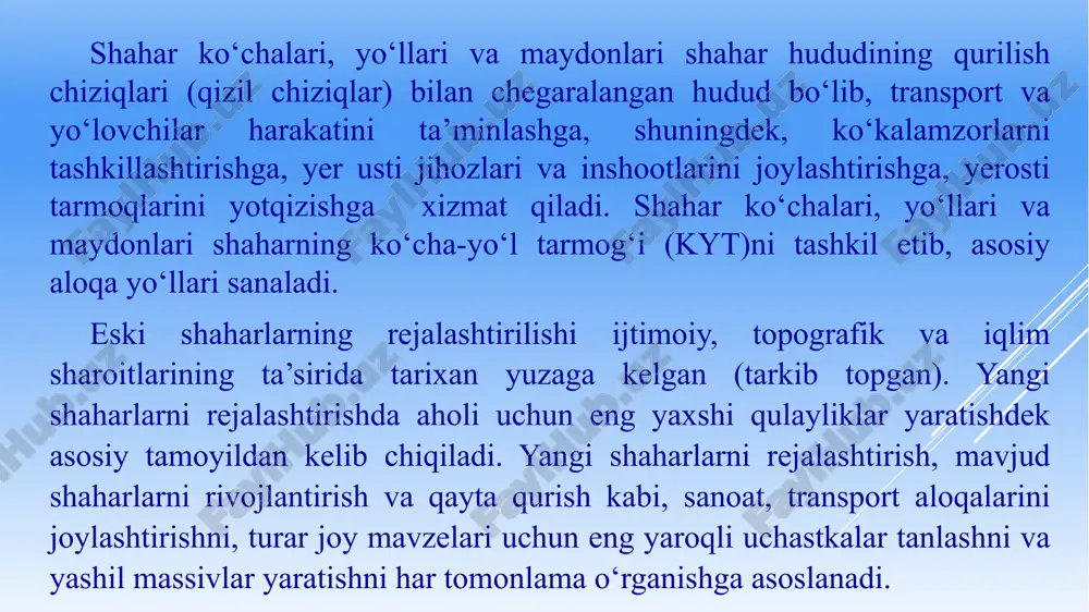 planidagi va shahar atrofi yo‘llarining kirib kelishiga nisbatan vaziyati umumiy tarmoqdagi shahar, sanoat, qishloq xo'jaligi avtomobil yo'llari tizimi mamlakatning yagona avtomobil - yo’l tarmog’ini tashkil etadi.yo’l tarmog'ining zichligi – bu 1 km2 hududga km da to’gri keladigan yo’llarning uzunligi. yo’llarning zich tarmog’i sanoat tumanlarida kuzatiladi. shahar ko‘cha-yo‘l tarmog‘i (kyt)ning zichligi (δ)- kyt uzunligining shahar maydoniga nisbati bilan tavsiflanadi. shaharning umumiy ko‘cha-yo‘l tarmog‘i zichligini quyidagi formula orqali aniqlash mumkin [3]: (1) bu yerda: δum – shahar ko‘cha-yo‘l tarmog‘ining umumiy zichligi, km/ km2; lum –ko‘cha-yo‘l tarmog‘ining umumiy uzunligi, km; s – shaharning umumiy maydoni, km2. masalan: shahar ko‘cha-yo‘l tarmog‘ining umumiy uzunligi 66,7 km ni tashkil etadi. shahardagi barcha ko‘chalarning umumiy maydoni – 258,54 ga. urganch shahridagi barcha ko‘chalarning uzunligini [2] shahar umumiy maydoniga nisbatidan – shaharning umumiy ko‘cha-yo‘l tarmog‘i zichligi (δum) kelib chiqadi, ya’ni: huddi shunday, urganch shahridagi asosiy (jamoat transporti qatnaydigan) ko‘chalarning uzunligi (65,6 km)ni [2] shahar umumiy maydoniga nisbatidan – …