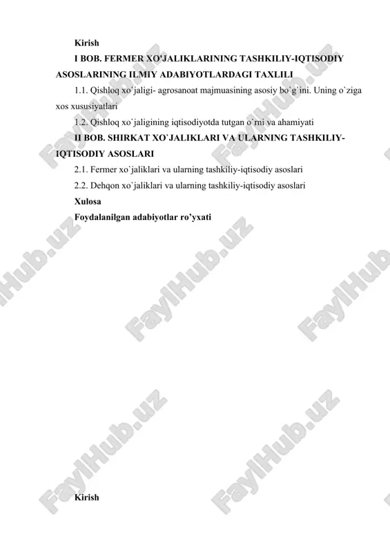 rning ta`siri katta. ular ishlab chiqarishning mavsumiyligidan kelib chiqaradi. bu esa, ishlab chiqarishni tashkil etishda mavjud resurslardan yil davomida samarali foydalanishni hisobga olishni talab etadi. qish oylarida aholining vaqtinchalik bekor qolishi ayrim ijtimoiy muammolarni keltirib chiqaradi. bu masalalar olimlar, mutaxassis va ishbilarmonlar oldiga qator vazifalarni qo`yadi. 2. qishloq xo`jaligida ishlab chiqarish vositalari sifatida tirik organizmlar qatnashadi. bu, o`z navbvatida, mutaxassislardan faqatgina iqtisodiy qonuniyatlarnigina emas, balki bioligik qonunlarni ham bilishni va ishlab chiqarishni tashkil etishda ularni hisobga olishni talab qiladi. qishloq xo`jaligida sarflanayotgan mehnatning samarasi ko`p jixatdan o`simlik va chorva mollarining biologik imkoniyatlariga bog`liq. 3. yer asosiy ishlab chiqarish vositasi hisoblanib, undan foydalanishning o`ziga xos xususiyatlari mavjud. ularni inkor etish yoki yetarlicha hisobga olmaslik katta salbiy oqibatlarga olib keladi. 4. qishloq xo`jaligida sarflanayotgan moddiy xarajatlar davri bilan faoliyat natjasida olinayotgan daromadlarning olinish davri o`rtasida farq katta. boshqacha qilib aytganda, yil davomida faqat xarajatlar qilinadi. chunki yerni ekishga tayyorlash, urug`lik, o`g`itlar, yoqilg`i-moylash …
