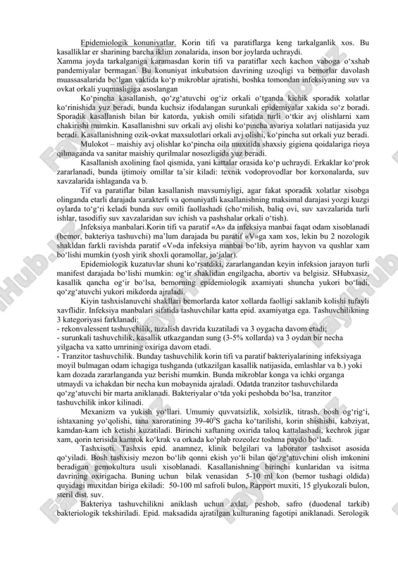 xojatxonalarni muntazam dezinfeksiya kilish; · umumiy ovkatlanish joylari ustidan sanitar nazorat; · ozik-ovkat korxonalariga ishga kiruvchilarni ro‘yxatga olish, tashuvchilarni aniklash va ro‘yxatga olish; axolini yuqumli kasalliklar manbalari, yukish yo‘llari va oldini olish borasida sanitar ogoxlantirish; · vaboning profilaktikasi maksadida snp kuchlari yordamida o‘zbekiston xududida sanitar ximoya tizimi tomonidan xorijdan infeksiya kirishiga yo‘l qo‘ymaslik bo‘yicha tadbirlar qo‘llaniladi (aeroportlar, temir yullar, dengiz, daryo vokzallari); · chpk- tuman viloyat, respublikada; · maxsus profilaktika; 2.ichak infeksiyalari qo‘zg‘atuvchilarning epidemiologik tavsiyalari. 1 korin tifi va a va v paratiflarga-uxshash kasalliklar ular o‘zaro biyokimyoviy xususiyatlari va o-va xivchin n-antigenlar farklanadi (somatik o-va xivchin n-antigenlari bo‘yicha bundan tashkari korin tifi tayokchasida yuza vi-antigen bor). bakteriyalar, ular yuzasida peretrixial joylashgan 8-14 va undan ko‘p xivchinlar xisobiga xarakatchan, spora xosil qilmaydi,barcha anilin bo‘yoklari bilan yaxshi bo‘yaladi, grammanfiy . tifo- paratifoz bakteriyalar tashki muxitga ancha chidamli, chikindi suvlari va tuproklarda (polya oroshenie) 14 kungacha saklanadi, o‘ralarda (yama)-30 kundan ortik, suvda 30 …