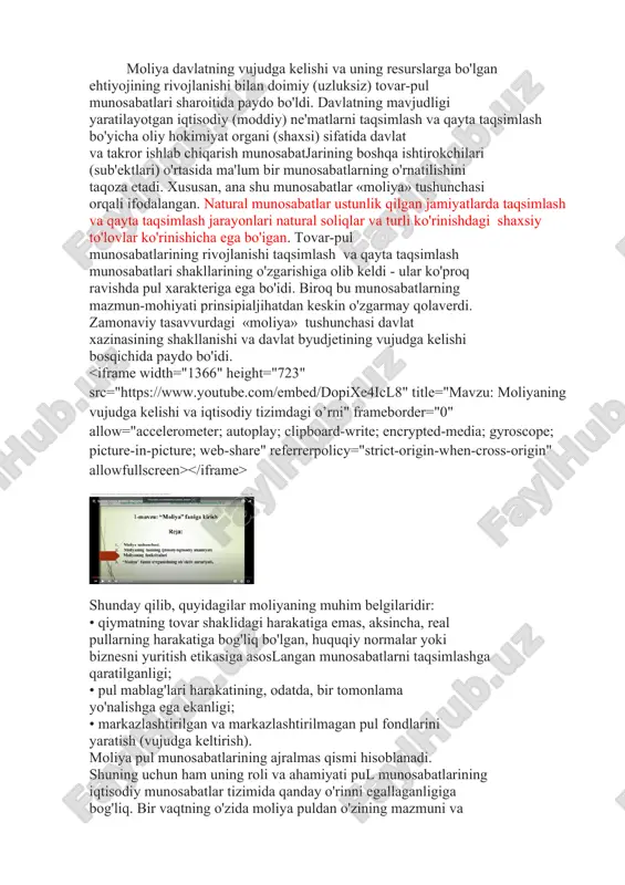 ma'lum bir munosabatlarning o'rnatilishini taqoza etadi. xususan, ana shu munosabatlar «moliya» tushunchasi orqali ifodalangan. natural munosabatlar ustunlik qilgan jamiyatlarda taqsimlash va qayta taqsimlash jarayonlari natural soliqlar va turli ko'rinishdagi shaxsiy to'lovlar ko'rinishicha ega bo'igan. tovar-pul munosabatlarining rivojlanishi taqsimlash va qayta taqsimlash munosabatlari shakllarining o'zgarishiga olib keldi - ular ko'proq ravishda pul xarakteriga ega bo'idi. biroq bu munosabatlarning mazmun-mohiyati prinsipialjihatdan keskin o'zgarmay qolaverdi. zamonaviy tasavvurdagi «moliya» tushunchasi davlat xazinasining shakllanishi va davlat byudjetining vujudga kelishi bosqichida paydo bo'idi. shunday qilib, quyidagilar moliyaning muhim belgilaridir: • qiymatning tovar shaklidagi harakatiga emas, aksincha, real pullarning harakatiga bog'liq bo'lgan, huquqiy normalar yoki biznesni yuritish etikasiga asoslangan munosabatlarni taqsimlashga qaratilganligi; • pul mablag'lari harakatining, odatda, bir tomonlama yo'nalishga ega ekanligi; • markazlashtirilgan va markazlashtirilmagan pul fondlarini yaratish (vujudga keltirish). moliya pul munosabatlarining ajralmas qismi hisoblanadi. shuning uchun ham uning roli va ahamiyati pul munosabatlarining iqtisodiy munosabatlar tizimida qanday o'rinni egallaganligiga bog'liq. bir vaqtning o'zida moliya …