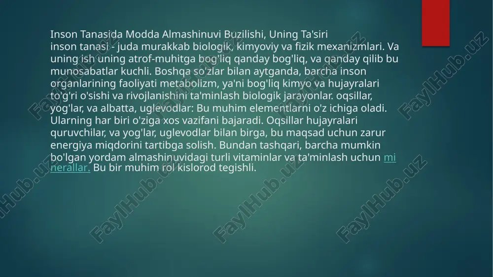 milation shakllantirish - organik moddalar yorig'i chiqariladi buzilish mahsulotlarini shakllantirish. bir-biriga hodisalar bilan, bu murakkab etkileşen bosqichda sodir bo'ladi. birinchi oziqlar inson oshqozon oziq-ovqat va suv bilan birga tushib, uning devorlari shilliq ichiga so'riladi. so'ngra qon barcha organlari tarqaldi. u erda ular hazm qilingan va degradatsiyasi mahsulotlari chiqariladi. inson metabolizm katta rol hisoblanadi. u barcha zarur bilan ta'minlash va ulardan barcha, ortiqcha keraksiz va zararli olishdan, bir butun bo'lib, barcha tizimlar faoliyatini muvofiqlashtiradi. sintezi va parchalanishi - - dono balansi edi organi tashkil ishlagan bas, u ikki ushbu o'rtasidagi jarayonlar deb zarur. bu buzgan bo'lsa, bir kishi turli kasalliklarga bartaraf boshlaydi. metabolik kasalliklar sabablari ular orasida irsiyat va turli kasalliklar tergov, lekin tez-tez u hayoti va oziq-ovqat noto'g'ri yo'ldir. oziq-ovqat muvozanatli bo'lishi kerak. bu kabi mineral mikroelementlar, etishmasligi, deb juda zararli bo'lsa, ma'lum ratsion va ortiqcha kaloriyali suiiste'mol ularning overabundance, ayniqsa yog'li oziq-ovqat bilan muvofiqligi. chiqindi mahsulotlar tanadan ham muhim …