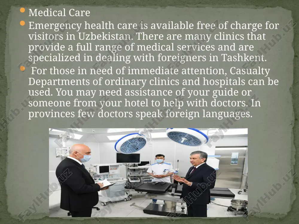 health record card giving details of the drug prescribed, in case it is questioned by customs or you require additional supplies. pharmacies in uzbekistan you can obtain medications at pharmacies – locally called apteka or dorixona. pharmacies are usually open from 9:00 a.m. to 6:00p.m. monday through friday, and 9:00a.m. through 1:00p.m on saturdays. the availability of sundays or 24 hour pharmacies is limited. however, in larger cities you will find a number of pharmacies open late during the week and on the weekend. usually medicines are provided with instructions in russian and in the original language of the manufacturer. almost all medications, except for strong tranquillizers and drug containing substances can be bought over the counter without a prescription. all pharmacy staff are trained professionals, however not all of them speak english, so they can advise of an alternate drug in local language. in case you have very specific …