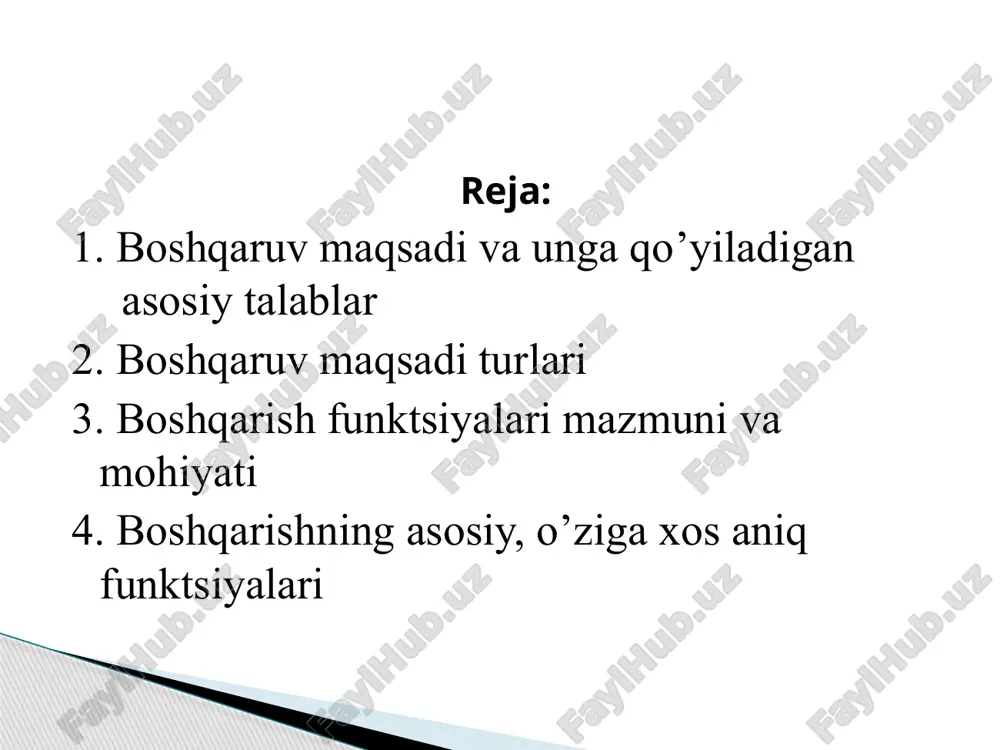 ushuniladi. masalan, mehnat unumdorligini o’stirish, intizomni mustahkamlash, mahsulot tannarxini pasaytirish, mahsulot sifatini oshirish kabilar muntazam, kunda talab kilinadigan maqsadlardir boshqarishga maqsadli yondoshuv namoyandalari barcha maqsadlarni quyidagi to’rtta guruhga bo’lishadi: - oddiy, qotib qolgan an'anaviy maqsadlar; - muammoli maqsadlar; - innovatsion maqsadlar; - xodimlar malakasini, mahoratini oshirish bo’yicha maqsadlar. "maqsadlar shajarasi" - bu maqsadlar bilan ularga erishish vositalari o’rtasidagi aloqaning grafik tasviridir. "funktsiya" -bu lotincha so’z bo’lib, biror kimsa yoki narsaning ish, faoliyat doirasi, vazifasi degan ma'nolarni bildiradi. "vazifa" - bu amalga oshirilishi, hal qilinishi lozim bo’lgan masala, o’rganilishi lozim bo’lgan, ko’zda tutilgan maqsad, yoki biror-bir topshiriq, xizmat, yumush, xizmat lavozimi, mansab, amal demakdir. boshqaruv funktsiyasi deganda u yoki bu ob‘yektni boshqarishga oid aniq vazifalarni hal etishga qaratilgan bir turdagi ishlar majmui tushuniladi. rejalashtirish; tashkil qilish; tartibga solish va muvofiqlashtirish; nazorat; rag’batlantirish (motivlashtirish). asosiy (umumiy) funktsiyalari 1.moddiy pullik: ish haqi; mukofotlar; aksiyadorlik kapitalida ishtirok; foydaga sheriklik; qo’shimcha to’lov rejalari. rag’batlantirish turlari: …
