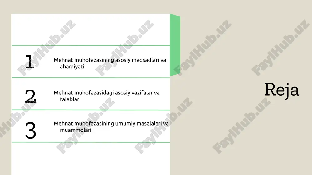 yordam beradi. ishchilar o'rtasida ishonch va qo'llab-quvvatlashni ta'minlab, jamoaviy ishni kuchaytiradi. mehnat muhofazasining jamiyatga ta'siri mehnat muhofazasi jamiyatning umumiy farovonligini oshirishga yordam beradi. ishchilar sog'lom va xavfsiz sharoitlarda ishlaganda, bu ularning hayot sifatini yaxshilaydi va iqtisodiy o'sishga hissa qo'shadi. title: xavfsizlik va sog'liqni saqlash me'yorlari subtitle: ish joylarida xavfsizlikni ta'minlash paragraph: xavfsizlik va sog'liqni saqlash me'yorlari ish joylarida xavfsizlikni ta'minlash va ishchilarning sog'ligini himoya qilish uchun muhimdir. ushbu me'yorlar ish joylarida xavf-xatarlarni aniqlash va ularni bartaraf etish, shuningdek, ishchilarning huquqlarini himoya qilishga qaratilgan. bullet points: - xavfsizlik me'yorlari va qoidalari: ish joylaridagi xavfsizlikni ta'minlash uchun zarur qoidalar va normativlar. - sog'liqni saqlash va mehnat muhofazasi: kasbiy kasalliklarning oldini olish va ishchilarning sog'lig'ini saqlash. - mehnat muhofazasi bo'yicha qonunchilik: o'zbekiston respublikasida mehnat muhofazasi bo'yicha mavjud qonunlar va qoidalar. - ish joylarida xavfsizlikni ta'minlash usullari: xavf-xatarlarni aniqlash va bartaraf etish usullari, shu jumladan, xavfsizlik o'quv dasturlari va nazorat mexanizmlari. - ishchilarning huquqlari …