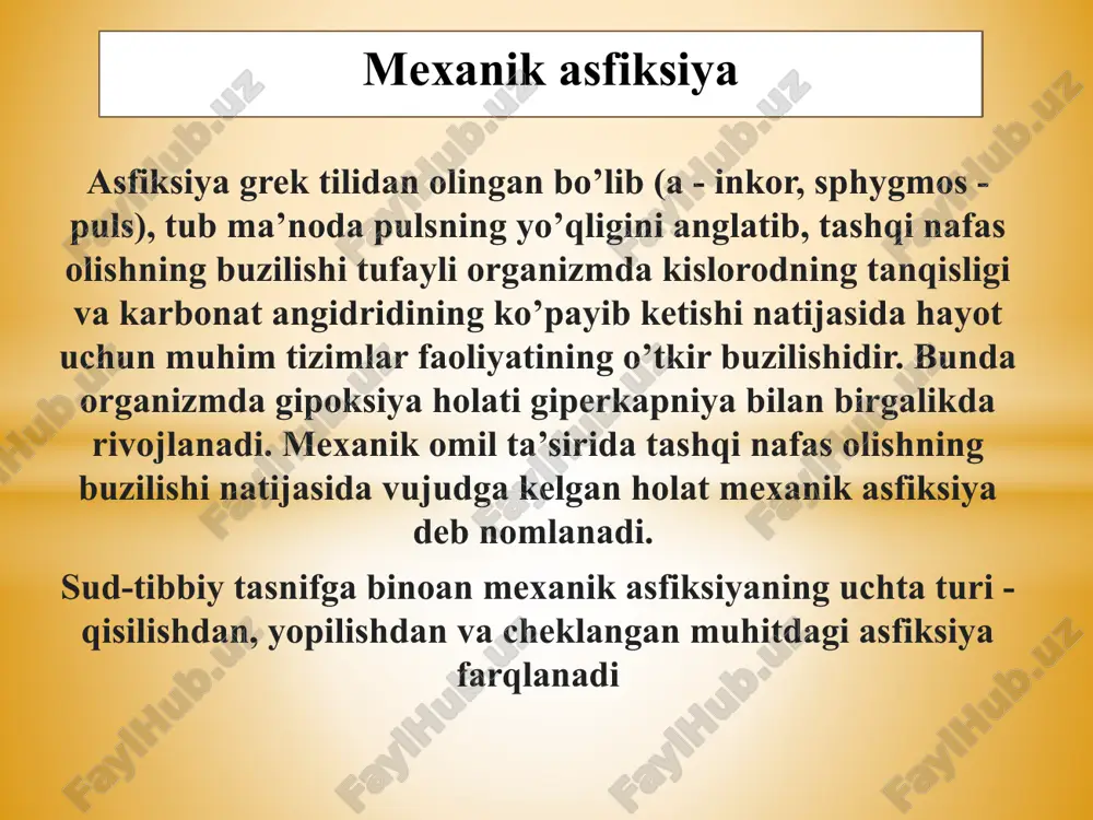 . mexanik asfiksiya turlari ayrim holatlarda asfiktik ta’sir o’lim bilan tugallanmaydi. masalan, suvda cho’kayotgan shaxs qutqarib qolinishi, osilgan shaxs o’z vaqtida sirtmoqdan olinishi mumkin. ma’lum bir davr oralig’ida asfiksiya holatida bo’lganlik organizmda qator o’zgarishlami vujudga keltiradi va ulaming majmuyi postasfiktik holat deb nomlanadi. tabiiy, postasfiktik holatda kuzatiladigan klinik belgilar, o’zgarishlar asfiktik ta’sirning turi va davomiyligi hamda asfiksiya holatida bo’lgan organizm sog’lig’ining holatiga bog’liq. postasfiktik holatning kechishida to’rtta davr farqlanadi postasfiktik holat asfiktik koma davri. dastlabki bosqichda mushaklar atoniya holatida, qorachiqlar kengaygan, reflekslar chaqirilmaydi. bosh miya o’zagida joylashgan markazlaming faoliyati keskin buzilgan. arterial bosim aniqlanmaydi yoki juda past. yurak urishi noritmik, bo’shashgan bo’ladi. keyinroq nafas va yurak faoliyati tiklangach, detserebratsion rigidlik rivojlanadi. arterial bosim, mushaklaming tonusi ko’tariladi, pay reflekslari kuchayadi, tonik talvasalar vujudga keladi. bu bosqichda yoyuvchi tipdagi patologik reflekslar kuzatilishi mumkin. tana harorati ko’tariladi. postasfiktik holat karaxtlik davri. jabrlangan komadan chiqa boshlaydi. talvasalar kuzatilmaydi. hush asta-sekin tiklanadi. bu jarayonda dastlab …