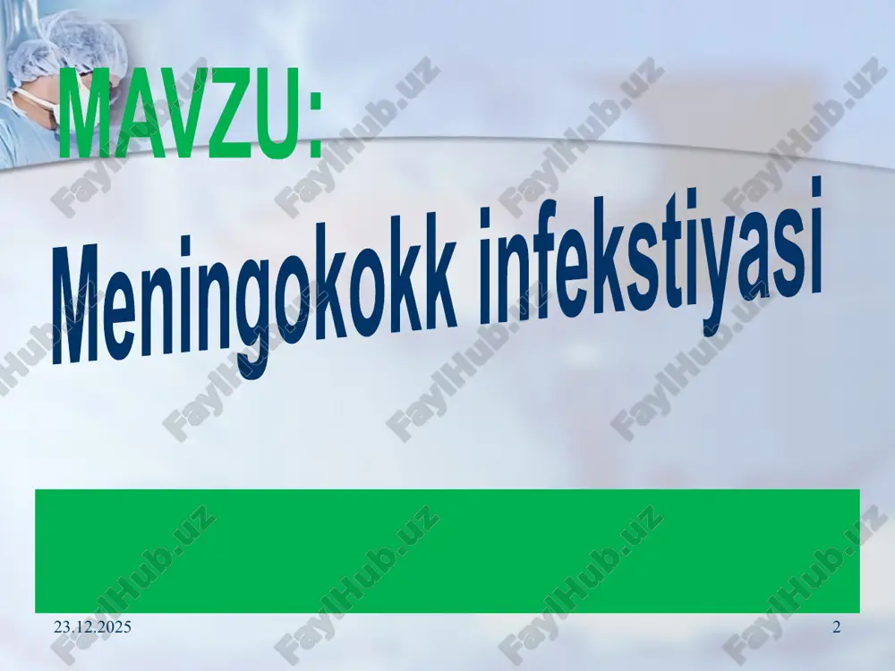 akli kam uchraydigan turlari o’tkir nazofaringit meningokokk tashuvchilik meningokokstemiya: tipik, chaqmoqsimon, surunkali meningit meningoenstefalit aralash shakli (meningit + meningokokstemiya) endokardit zotiljam artrit iridostiklit poliartrit 01.06.2020 9 meningokokkli nazofaringit barcha mi bilan kasallanganlarning 80%ida uchraydi. engil, o’rta og’ir, va og’ir shakllari ajratiladi. kasallik o’tkir tana haroratining 37,5˚s dan 39-40˚s gacha ko’tarilishi, bosh og’rig’i, bosh aylanishi, kataral belgilar bilan boshlanadi. halqum orqa devorini giperemiyasi va shishi kuzatiladi: limfoid follikulalarning giperplaziyasi, yon bolishlarning shishi, kam miqdorda shilliq ajralishi. og’ir shakllarida tana harorati 39-40,5˚s gacha ko’tariladi, xarakterli simptomlardan tashqari qayt qilish, ba’zan talvasalar, qorinda og’riq qo’shiladi. kuruvda alohida meningeal simptomlar aniqlanadi. periferik qonda leykostitoz 15*10*9/l gacha, neytrofillez, echt 20-30 mm/s gacha oshadi. 01.06.2020 10 meningokokkemiya (meningokokkli bakteremiya, meningokokkli sepsis) kasallik to’satdan boshlanadi. bemorlar kasallikning aniq vaqtini aytadilar. tana harorati 39-40°s gacha ko’tariladi, qaltirash, qayt qilish, bolalarda ko’pincha talvasalar, hushning buzilishi kuzatiladi. barcha klinik simptomlar 1-2 kun davomida kuchayib boradi. 1-kunning oxirida xarakterli noto’g’ri shakldagi …